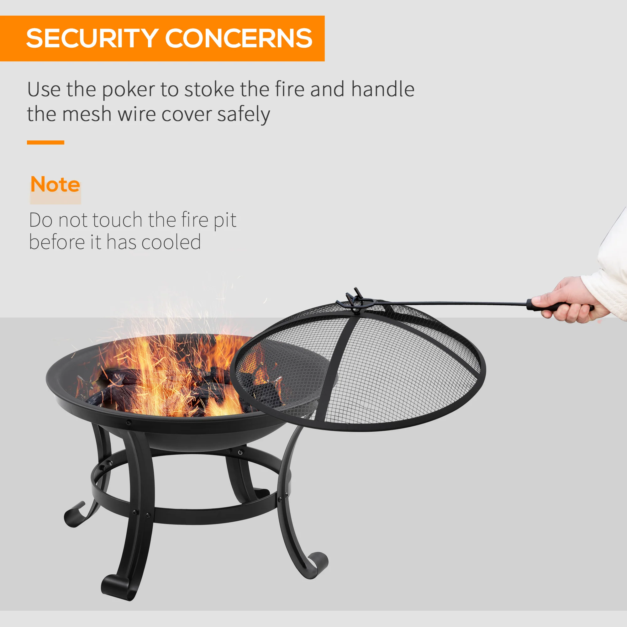 21.7" Outdoor Fire Pit with Mesh Lid and Poker, Black - Image 7