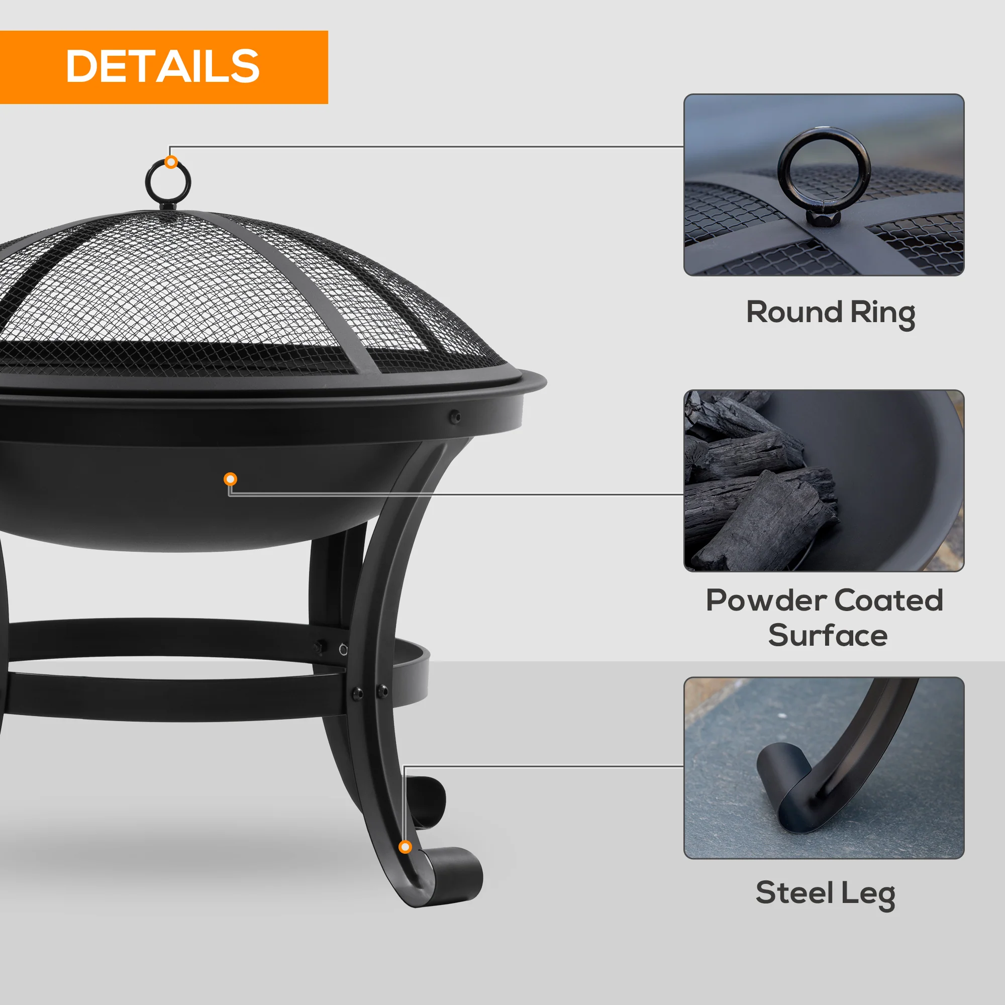 21.7" Outdoor Fire Pit with Mesh Lid and Poker, Black - Image 8
