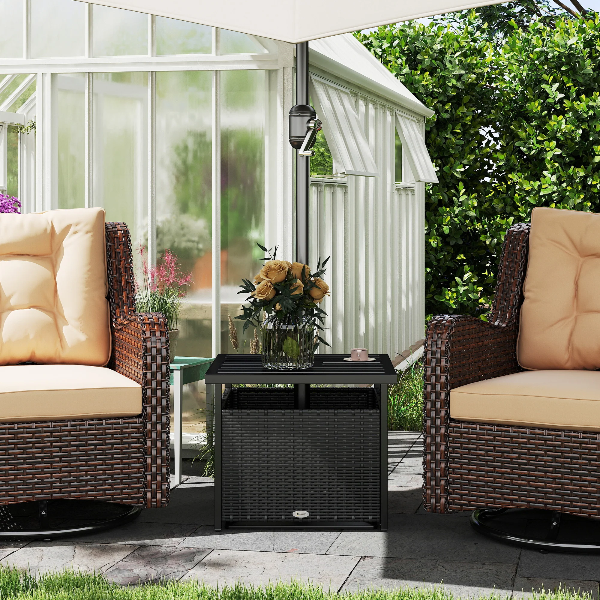 Outdoor Rattan Coffee Wicker Patio Table w/ 4cm Umbrella Hole for Backyard, Black - Image 10