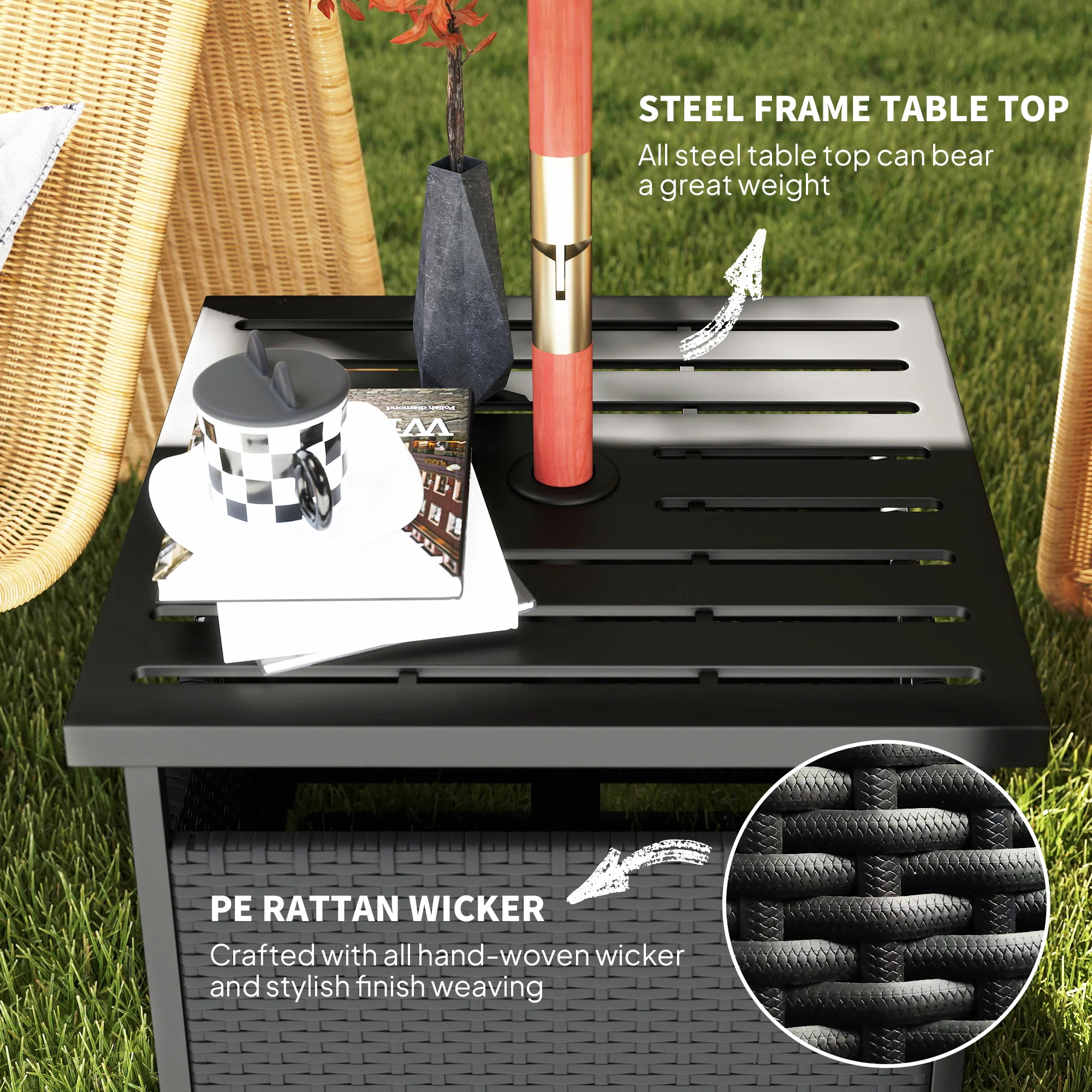 Outdoor Rattan Coffee Wicker Patio Table w/ 4cm Umbrella Hole for Backyard, Black - Image 8