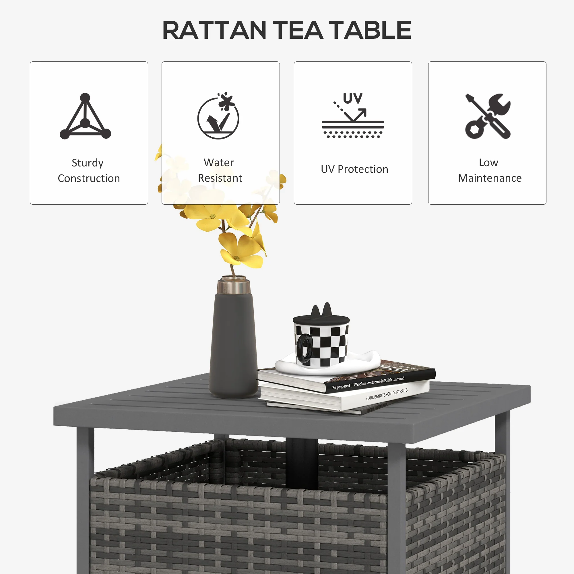 Outdoor Rattan Coffee Wicker Patio Table w/ 4cm Umbrella Hole for Backyard, Mixed Grey - Image 6