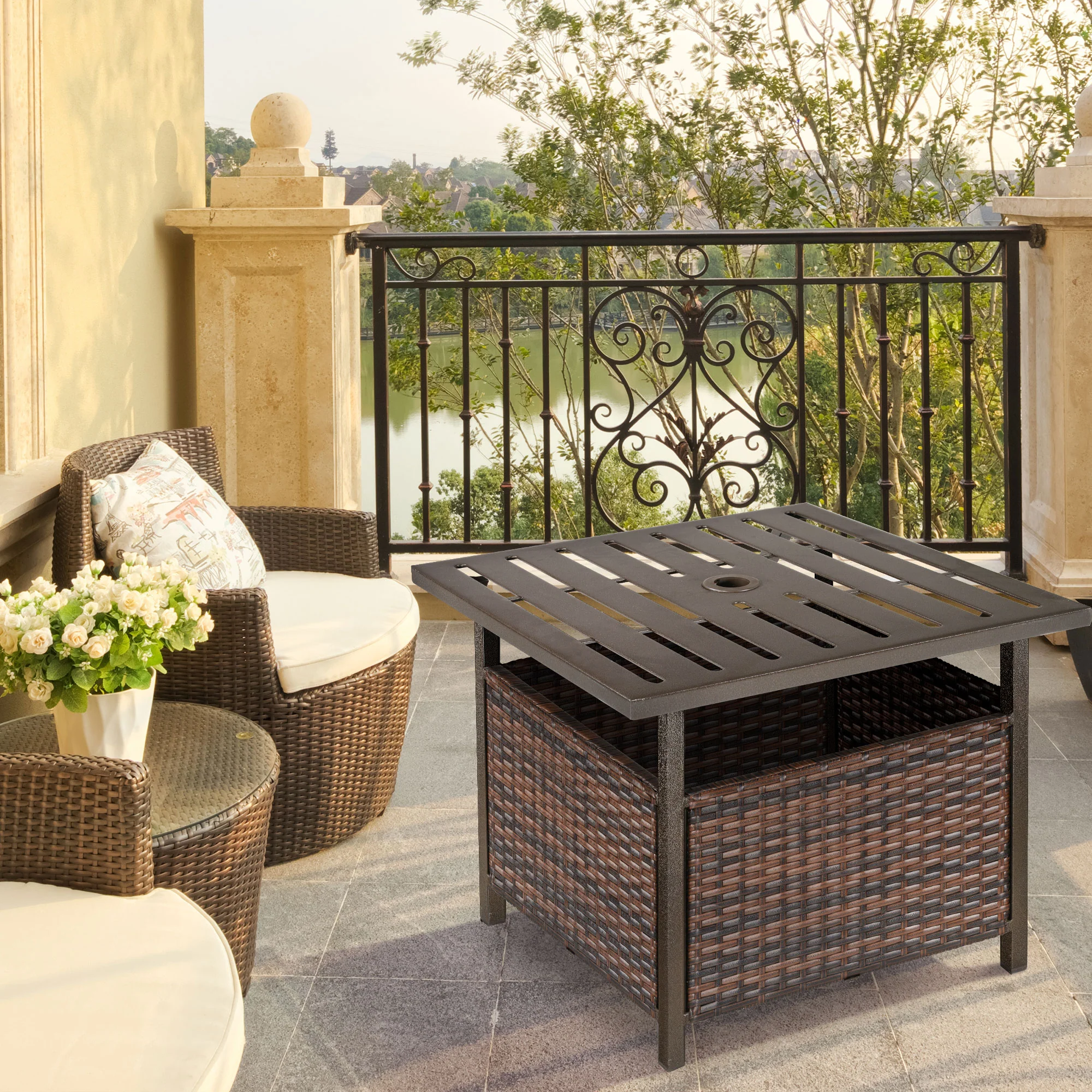 Outdoor Rattan Coffee Wicker Patio Table w/ 4cm Umbrella Hole for Backyard, Brown - Image 3