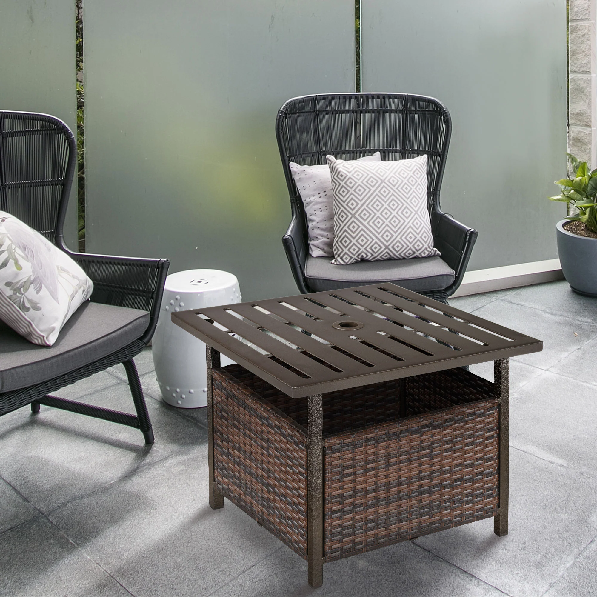 Outdoor Rattan Coffee Wicker Patio Table w/ 4cm Umbrella Hole for Backyard, Brown - Image 4