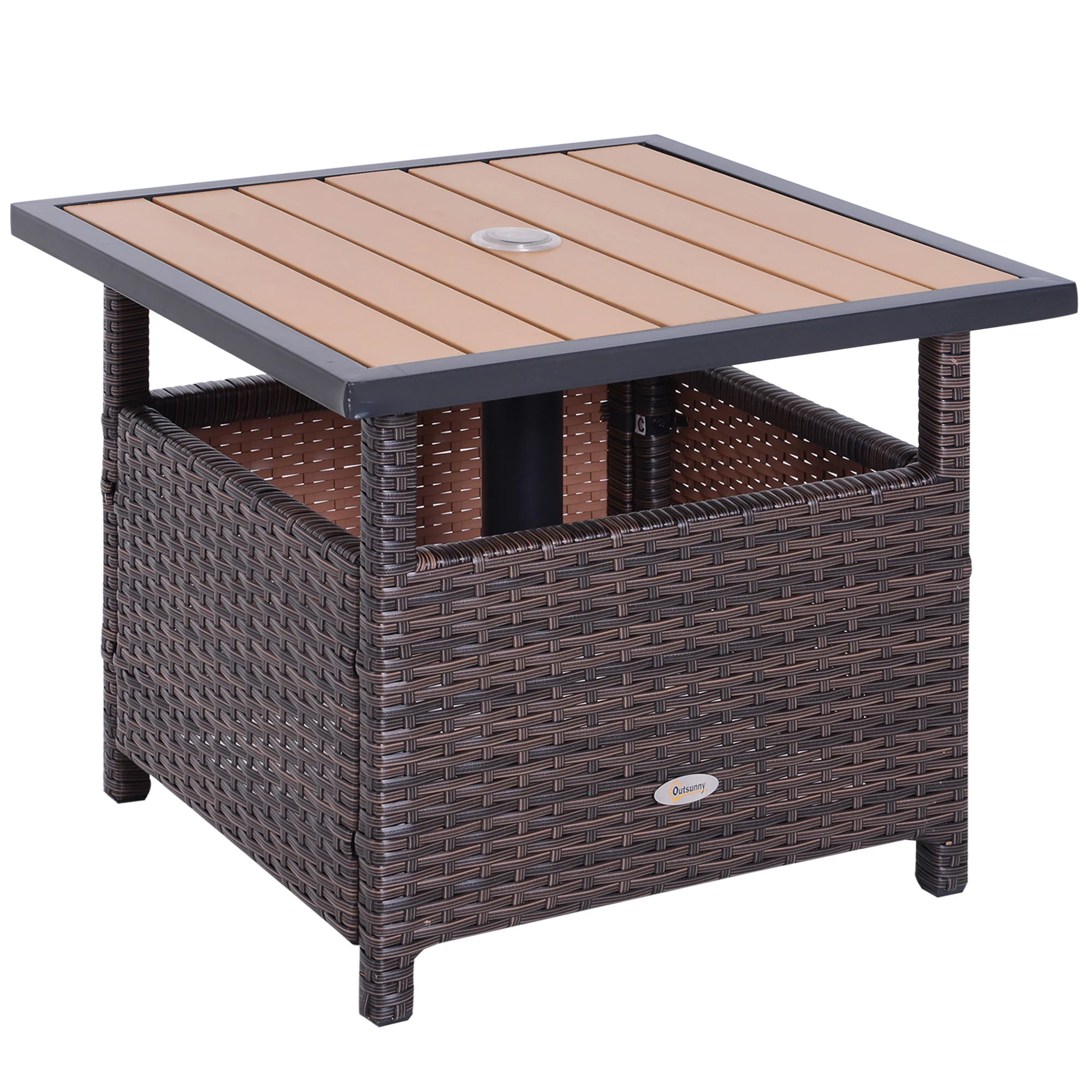 22" Square Steel PE Rattan Wicker Table with Umbrella Hole for Outdoor Patio, Brown - Image 12