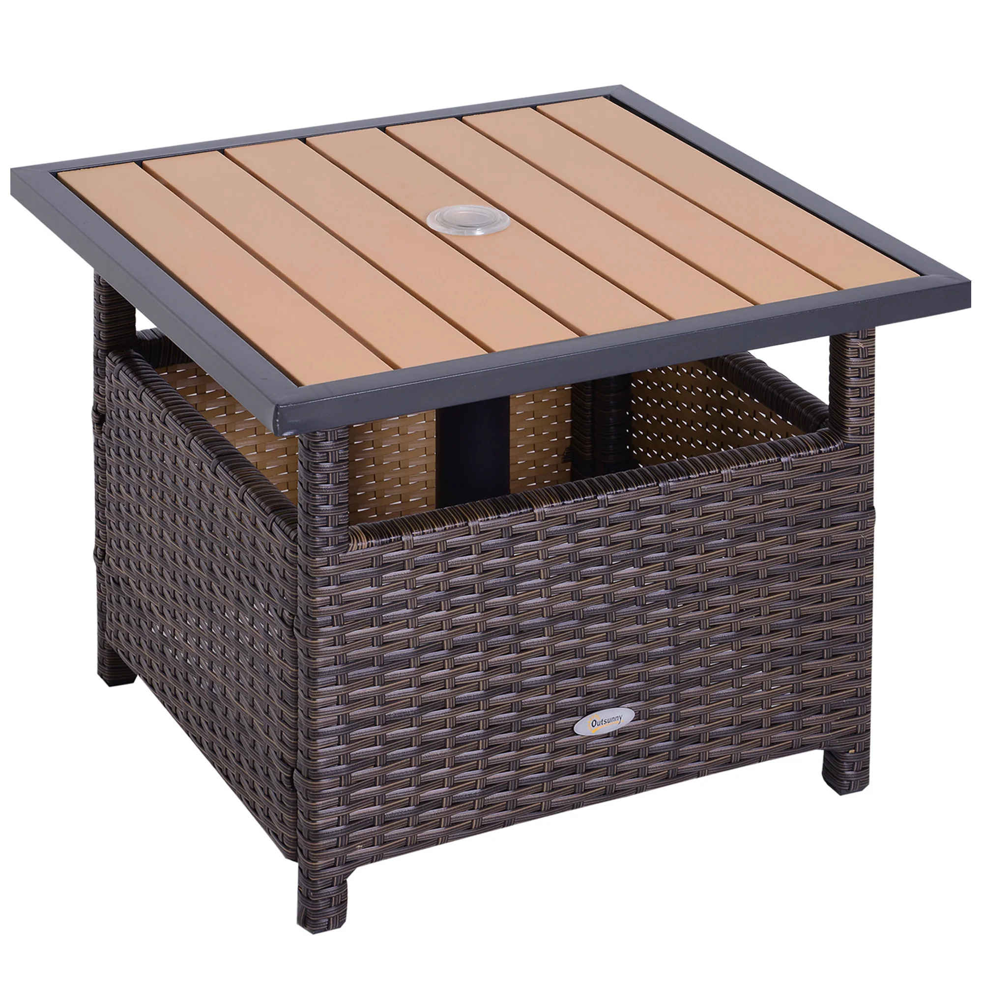 22" Square Steel PE Rattan Wicker Table with Umbrella Hole for Outdoor Patio, Brown - Image 2