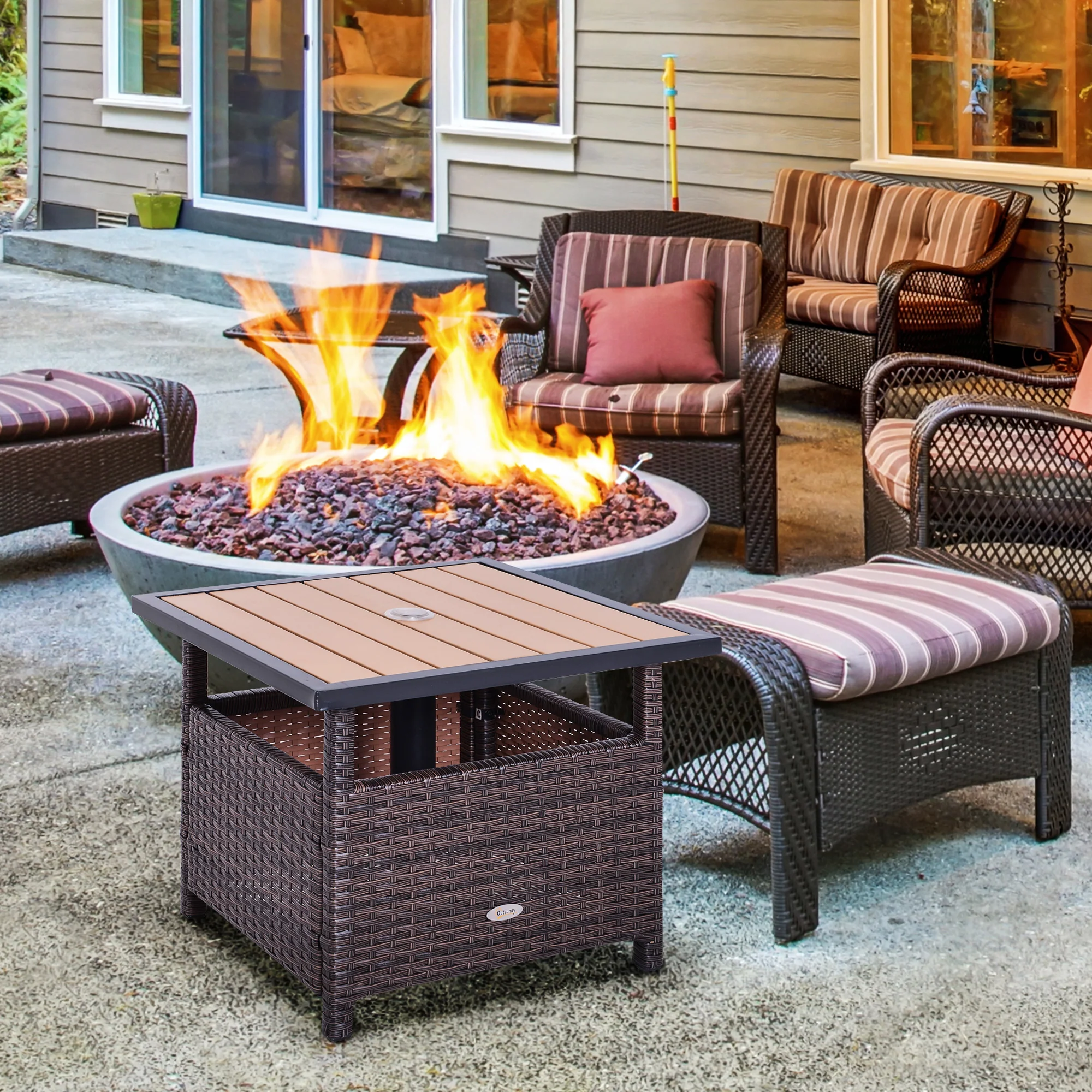 22" Square Steel PE Rattan Wicker Table with Umbrella Hole for Outdoor Patio, Brown - Image 3