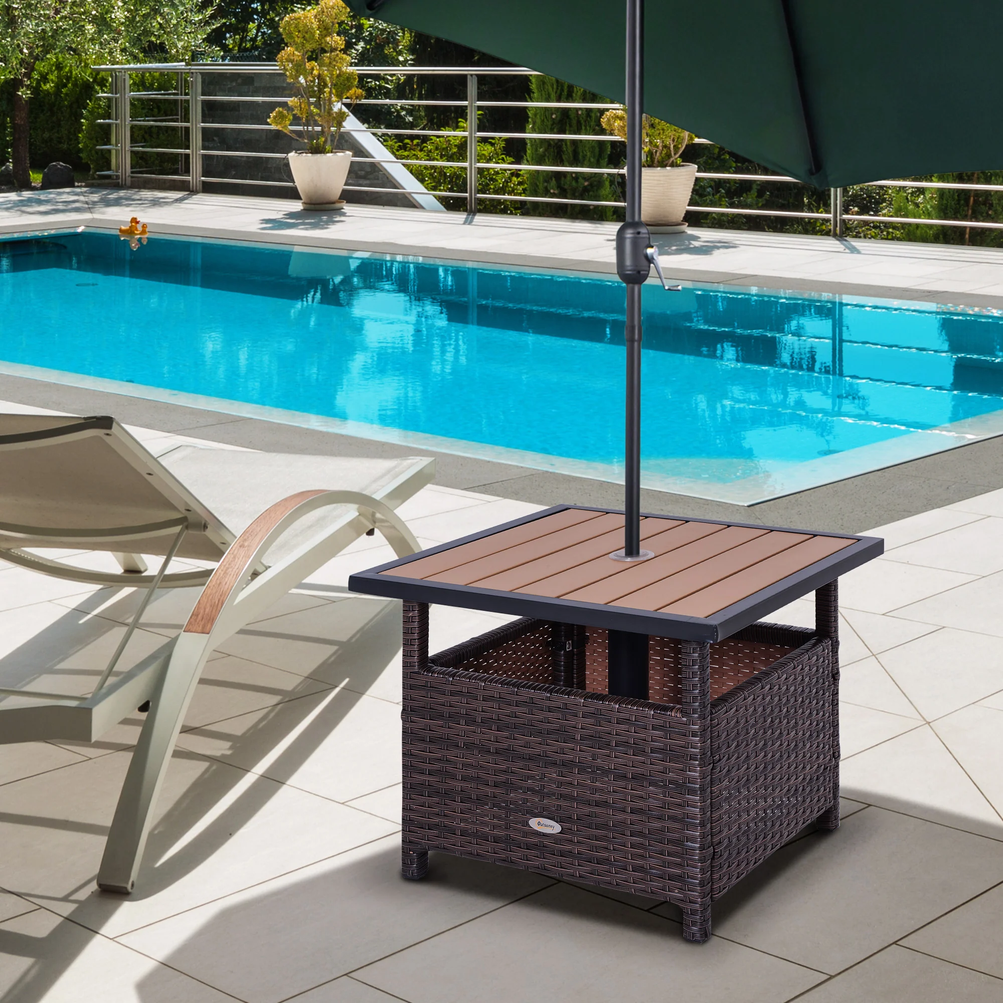 22" Square Steel PE Rattan Wicker Table with Umbrella Hole for Outdoor Patio, Brown - Image 4