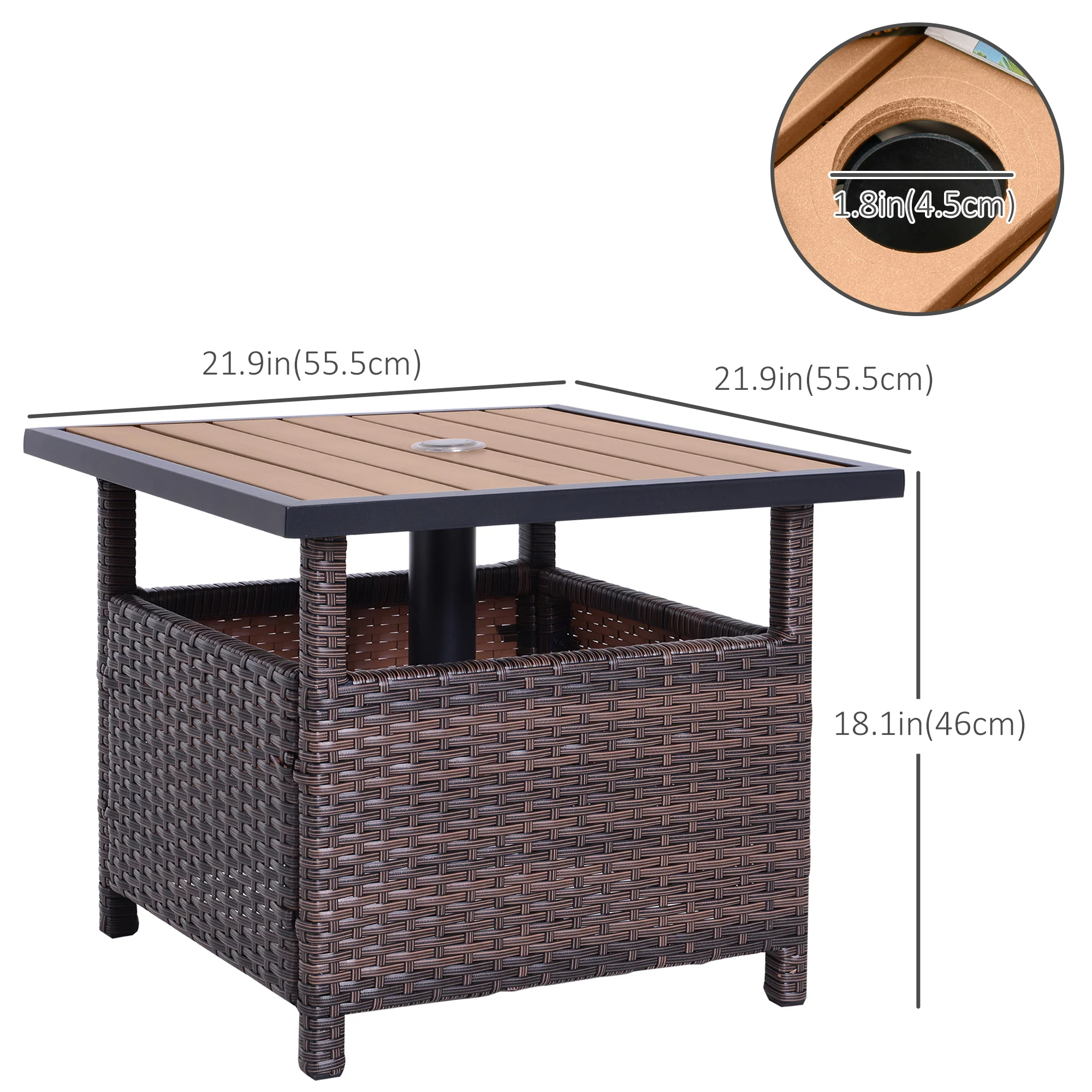 22" Square Steel PE Rattan Wicker Table with Umbrella Hole for Outdoor Patio, Brown - Image 5