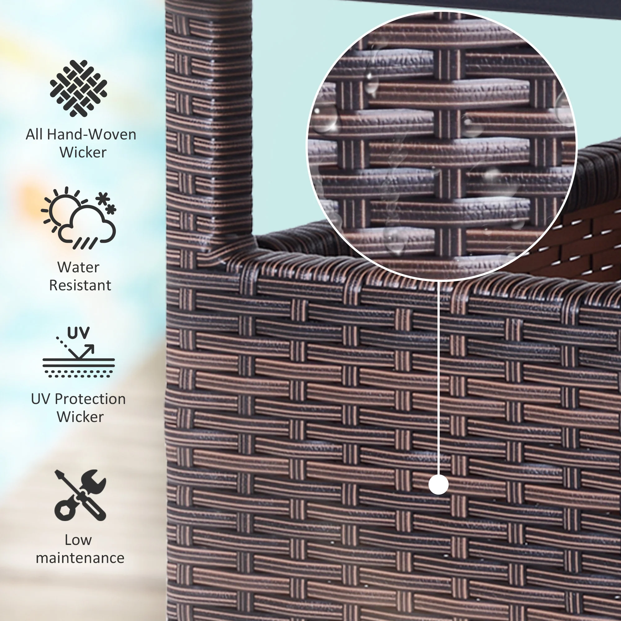 22" Square Steel PE Rattan Wicker Table with Umbrella Hole for Outdoor Patio, Brown - Image 6