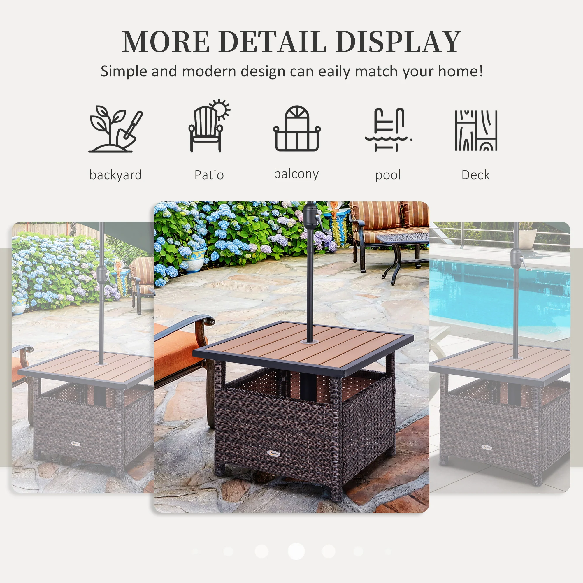 22" Square Steel PE Rattan Wicker Table with Umbrella Hole for Outdoor Patio, Brown - Image 9