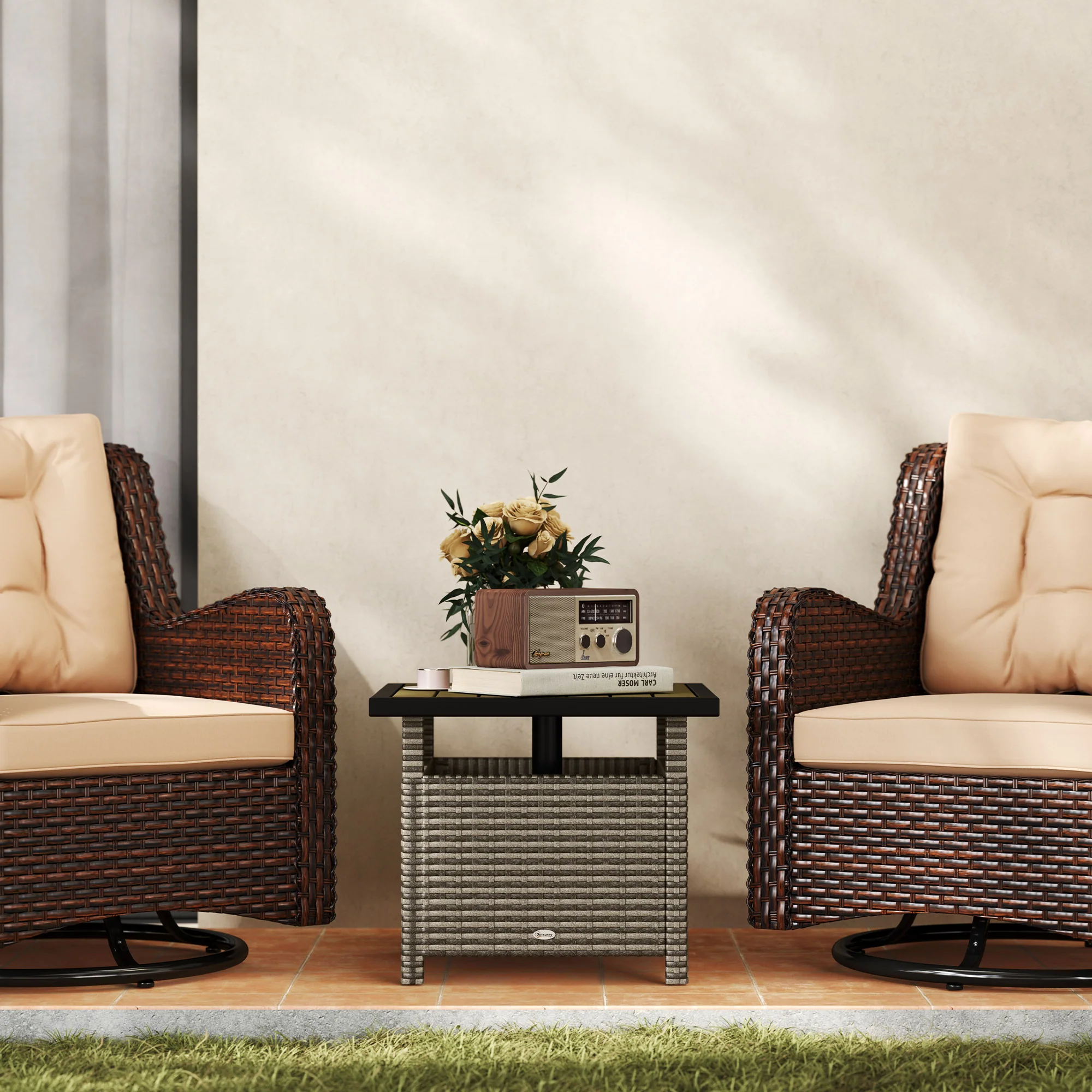 22" Square Steel PE Rattan Wicker Table with Umbrella Hole for Outdoor Patio, Mixed Grey - Image 10