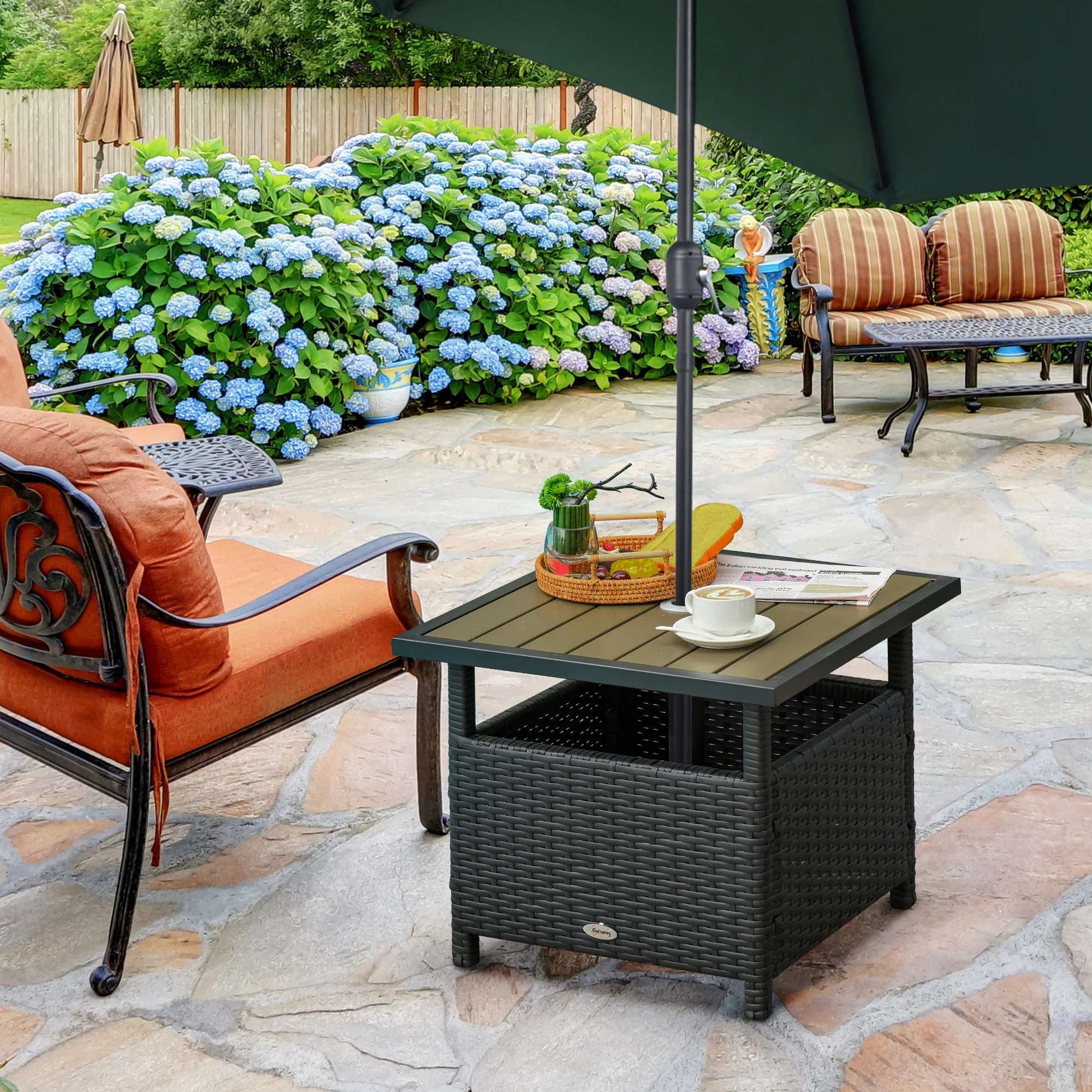 22" Square Steel PE Rattan Wicker Table with Umbrella Hole for Outdoor Patio, Black - Image 3
