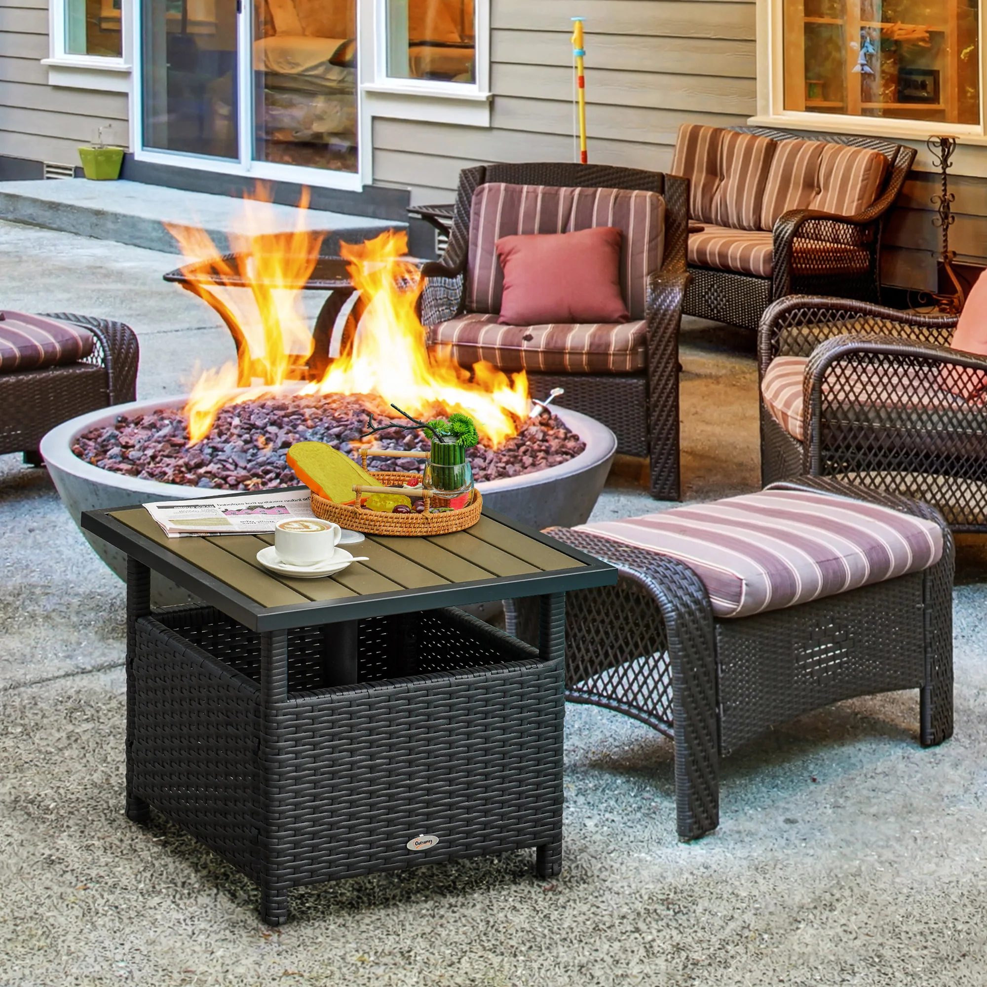 22" Square Steel PE Rattan Wicker Table with Umbrella Hole for Outdoor Patio, Black - Image 4