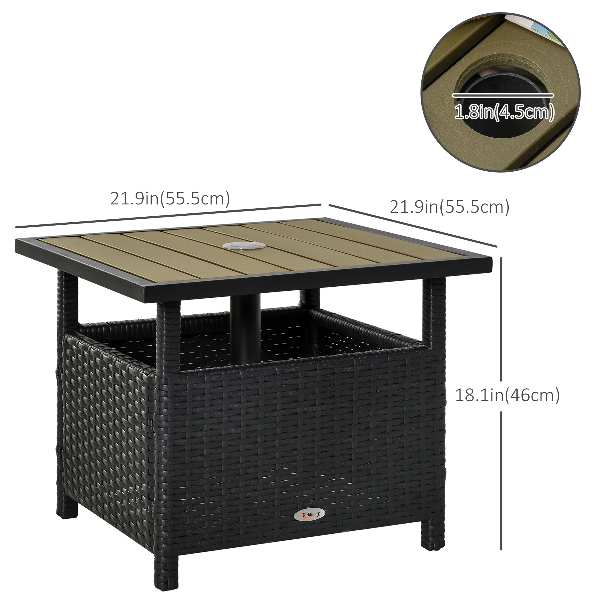 22" Square Steel PE Rattan Wicker Table with Umbrella Hole for Outdoor Patio, Black - Image 5
