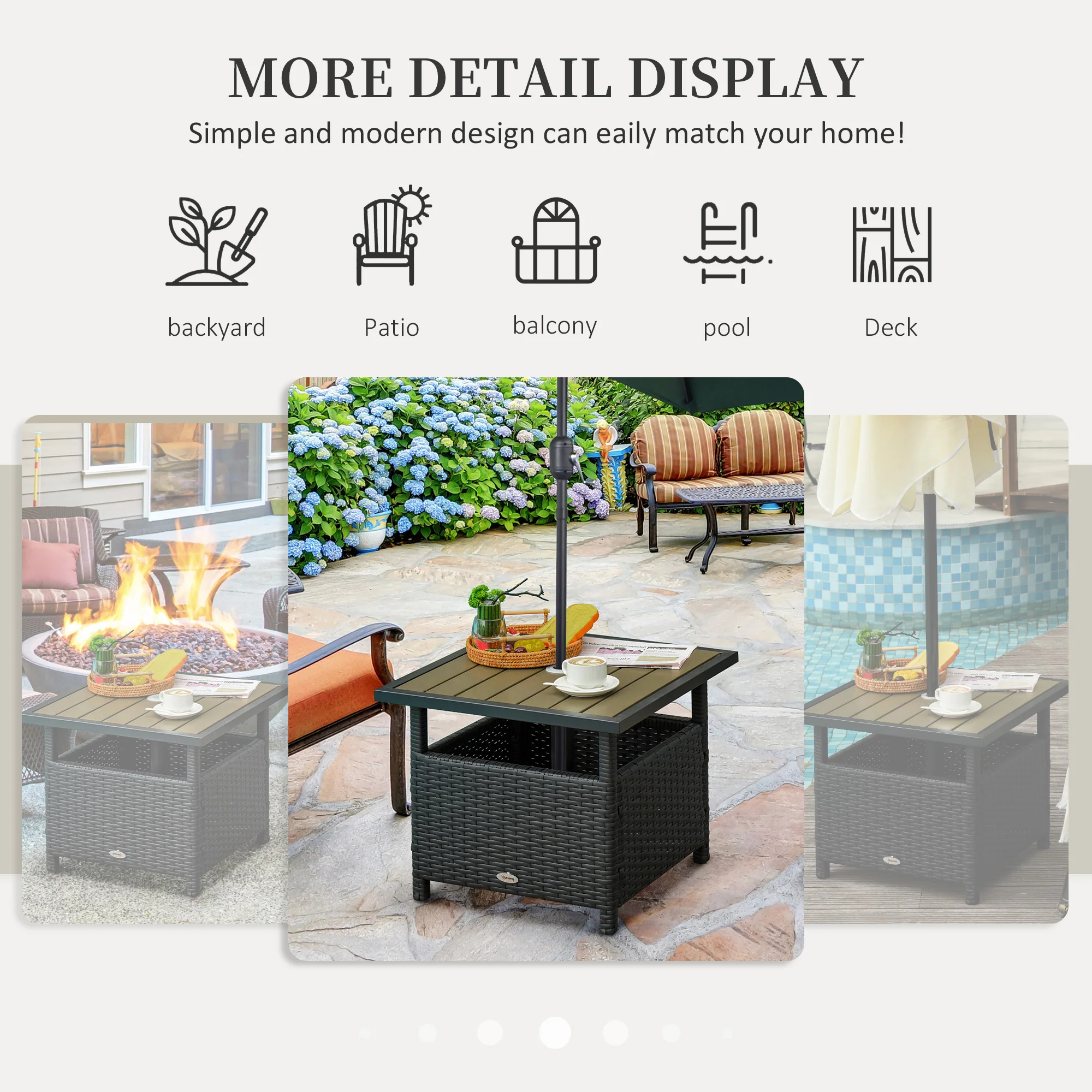 22" Square Steel PE Rattan Wicker Table with Umbrella Hole for Outdoor Patio, Black - Image 9