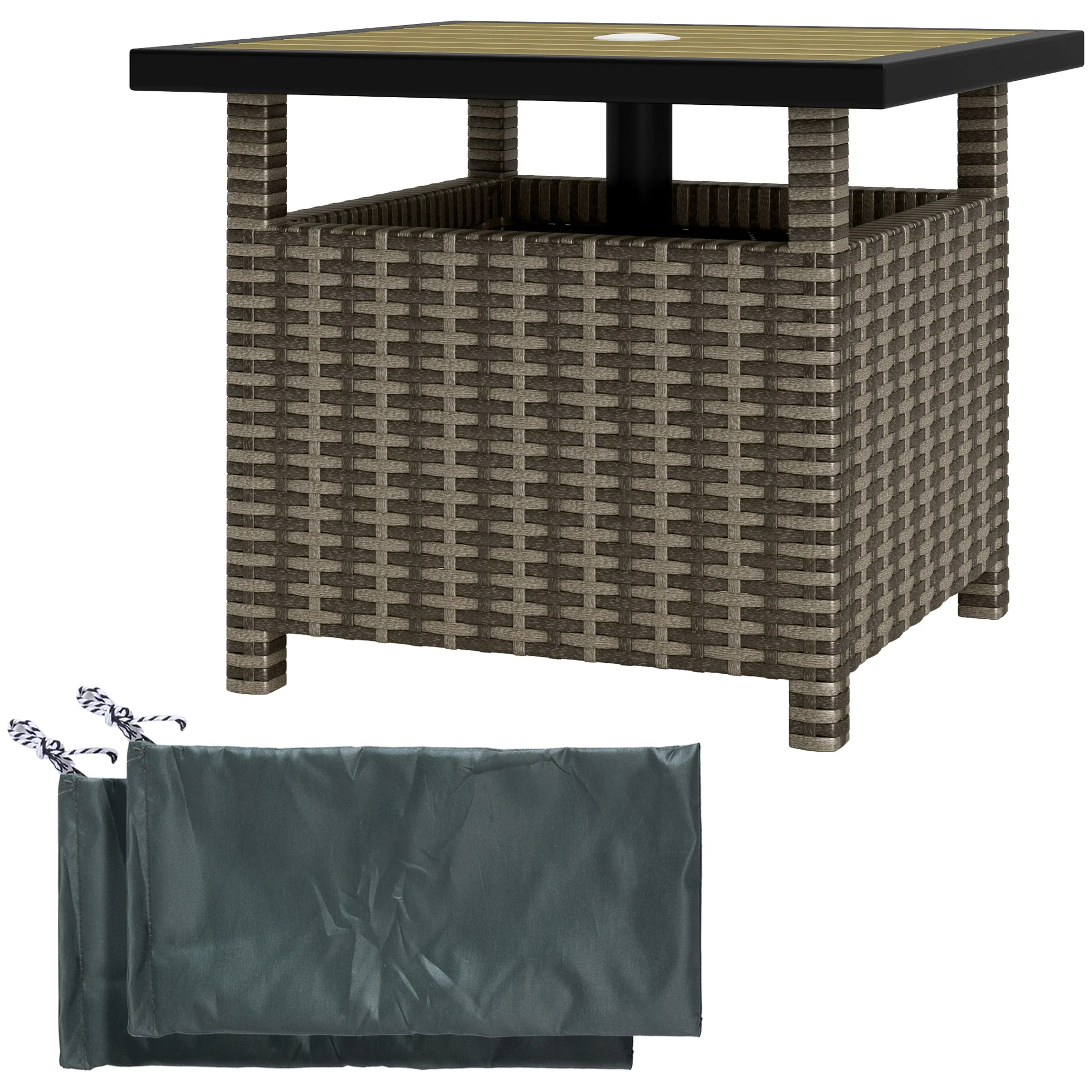 22" Square Steel PE Rattan Wicker Table with Umbrella Hole for Outdoor Patio, Mixed Grey - Image 2