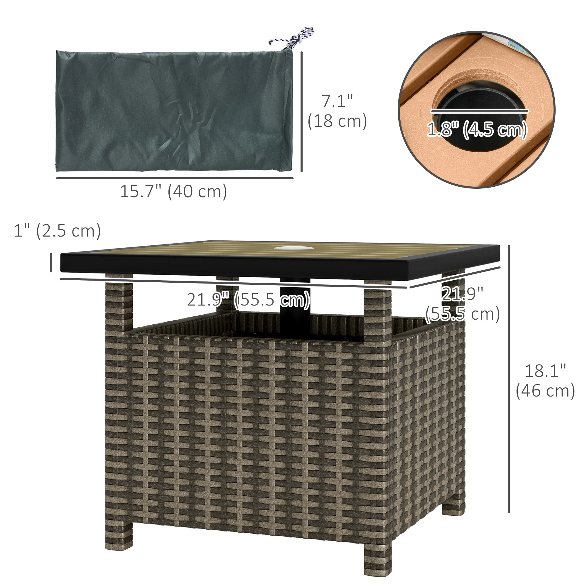 22" Square Steel PE Rattan Wicker Table with Umbrella Hole for Outdoor Patio, Mixed Grey - Image 5