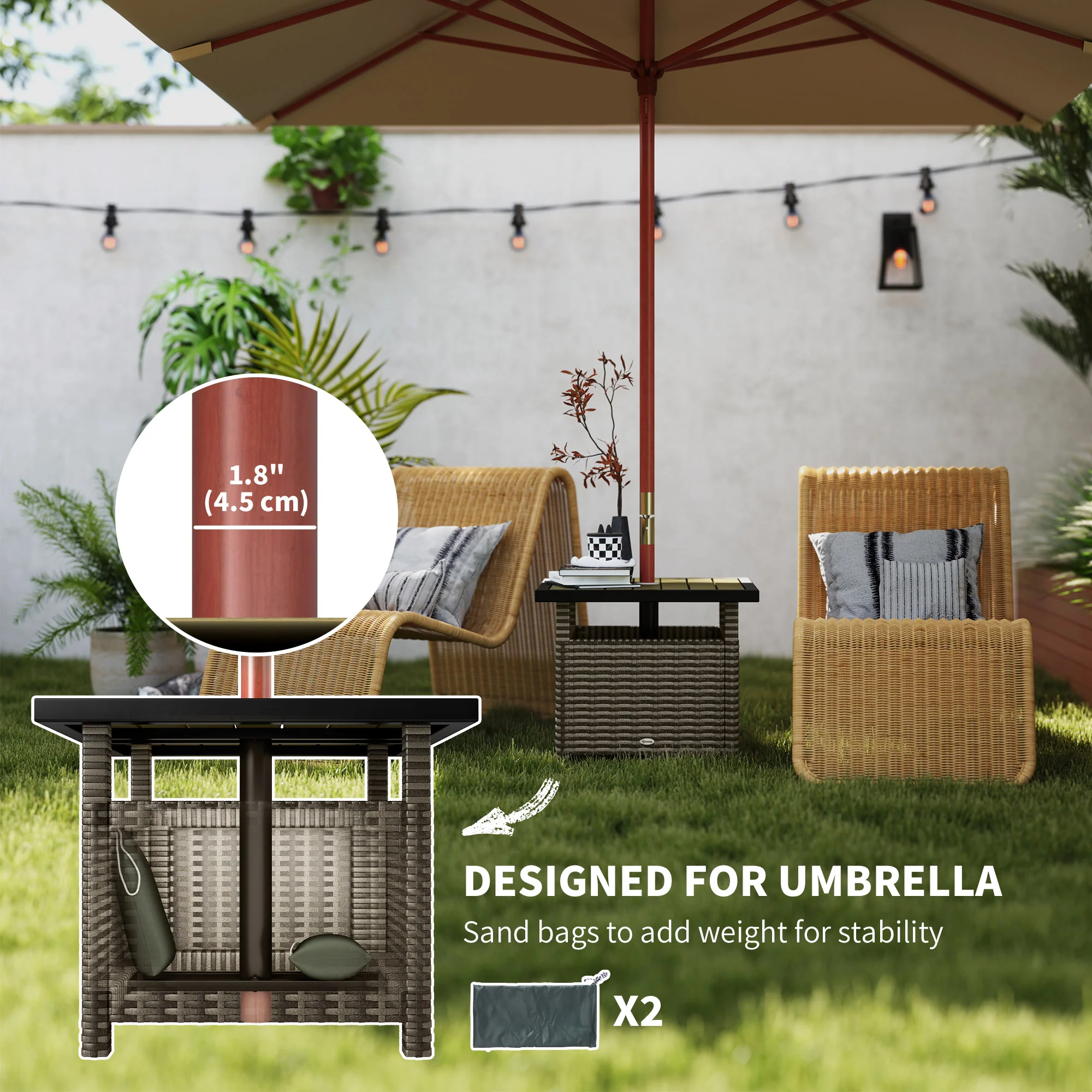 22" Square Steel PE Rattan Wicker Table with Umbrella Hole for Outdoor Patio, Mixed Grey - Image 6