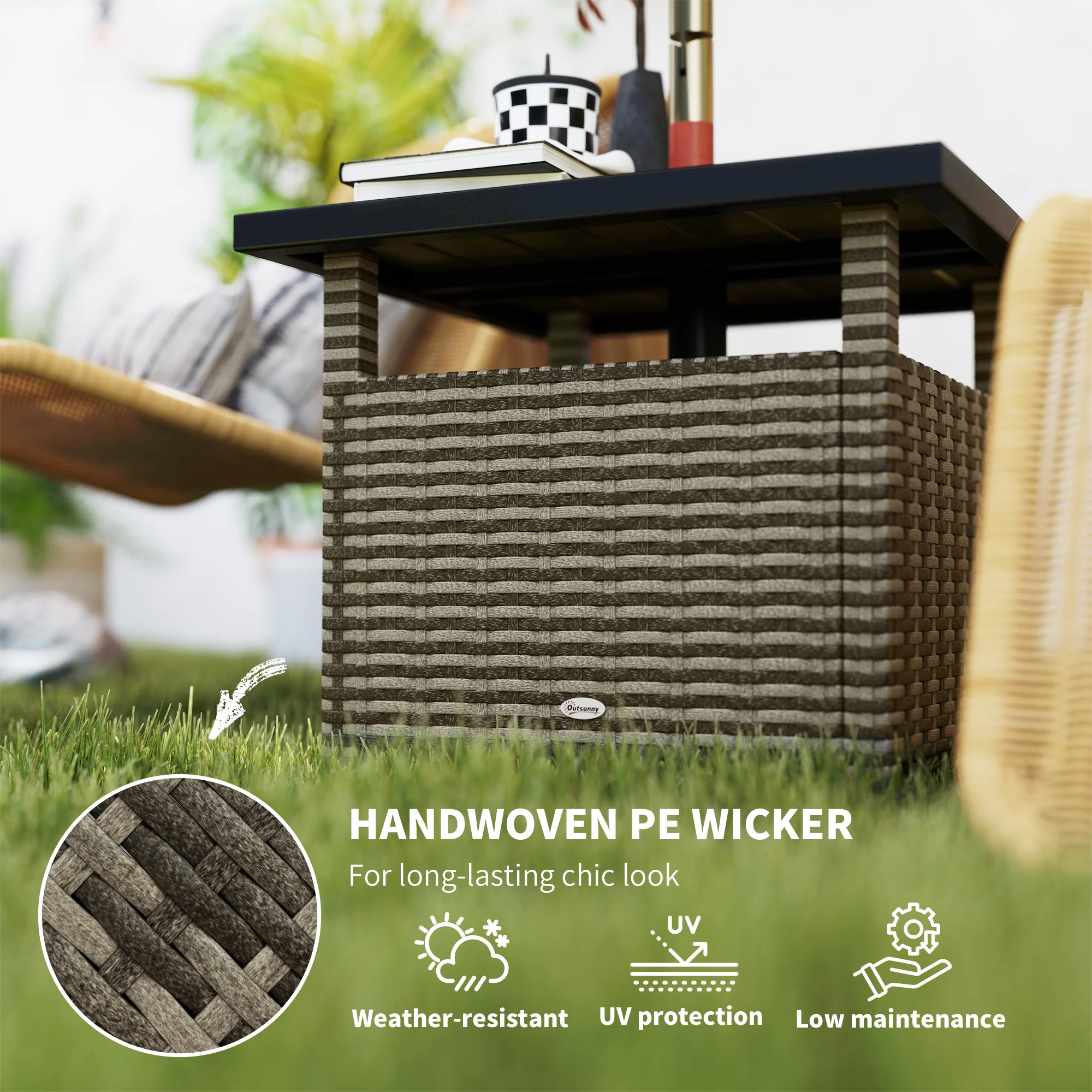 22" Square Steel PE Rattan Wicker Table with Umbrella Hole for Outdoor Patio, Mixed Grey - Image 8