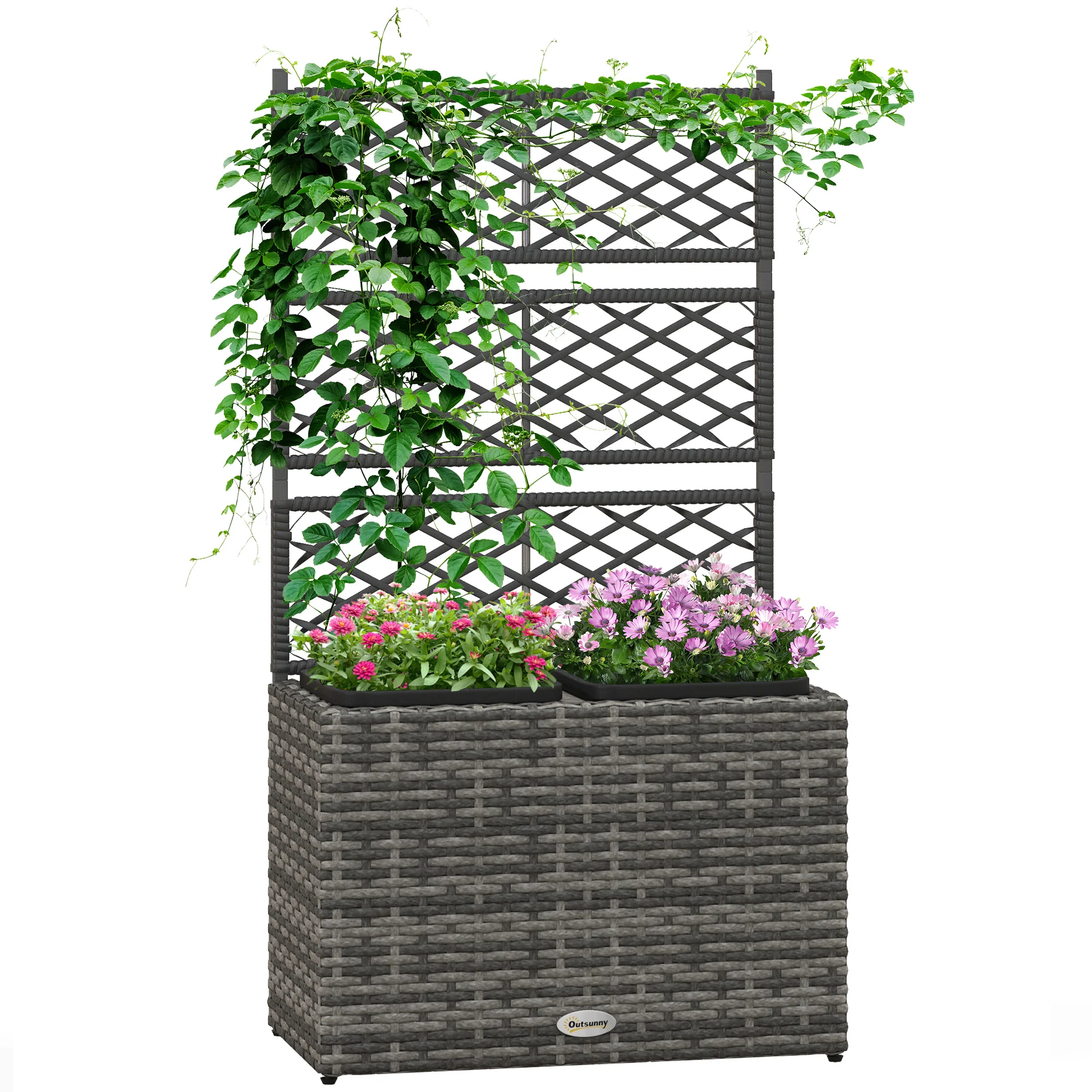 22L PE Rattan Raised Garden Box with Trellis & Two Plant Boxes,Mixed Grey