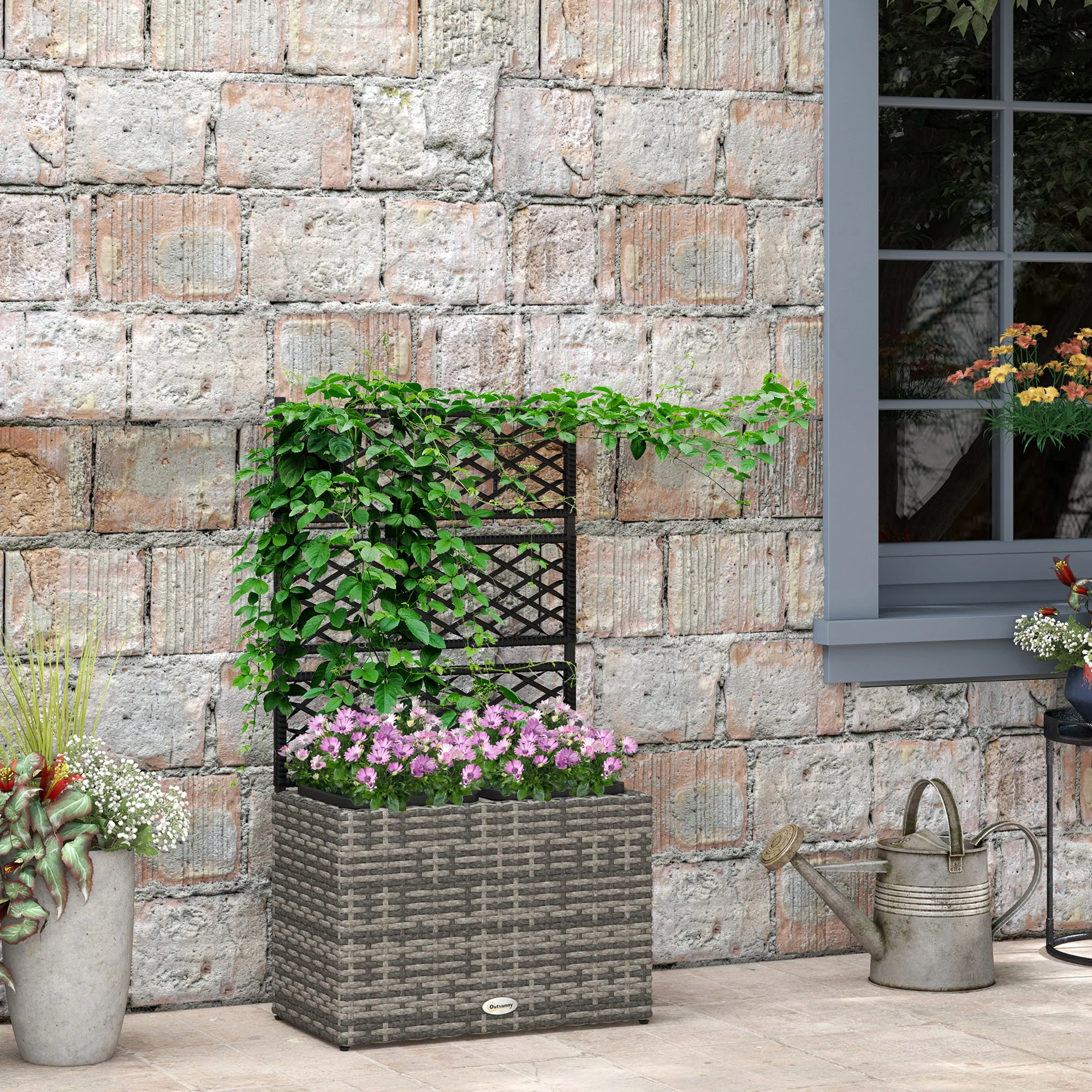 22L PE Rattan Raised Garden Box with Trellis & Two Plant Boxes,Mixed Grey - Image 3
