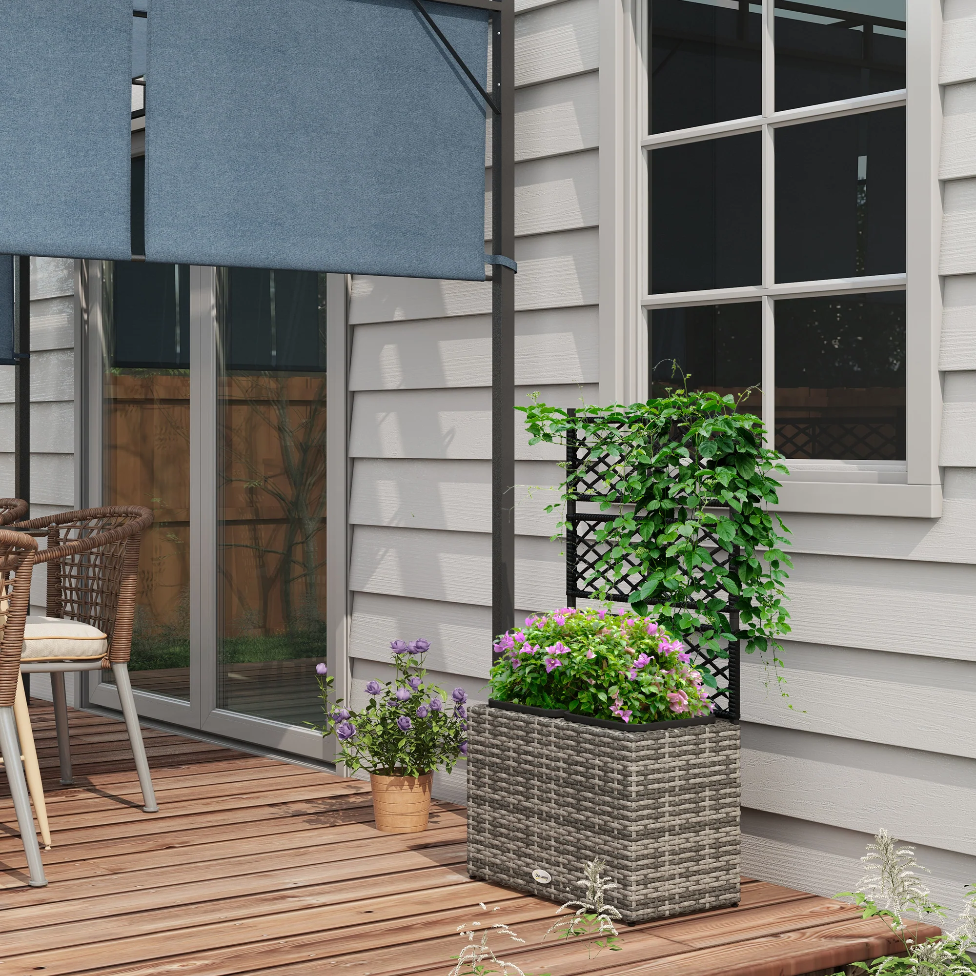 22L PE Rattan Raised Garden Box with Trellis & Two Plant Boxes,Mixed Grey - Image 4