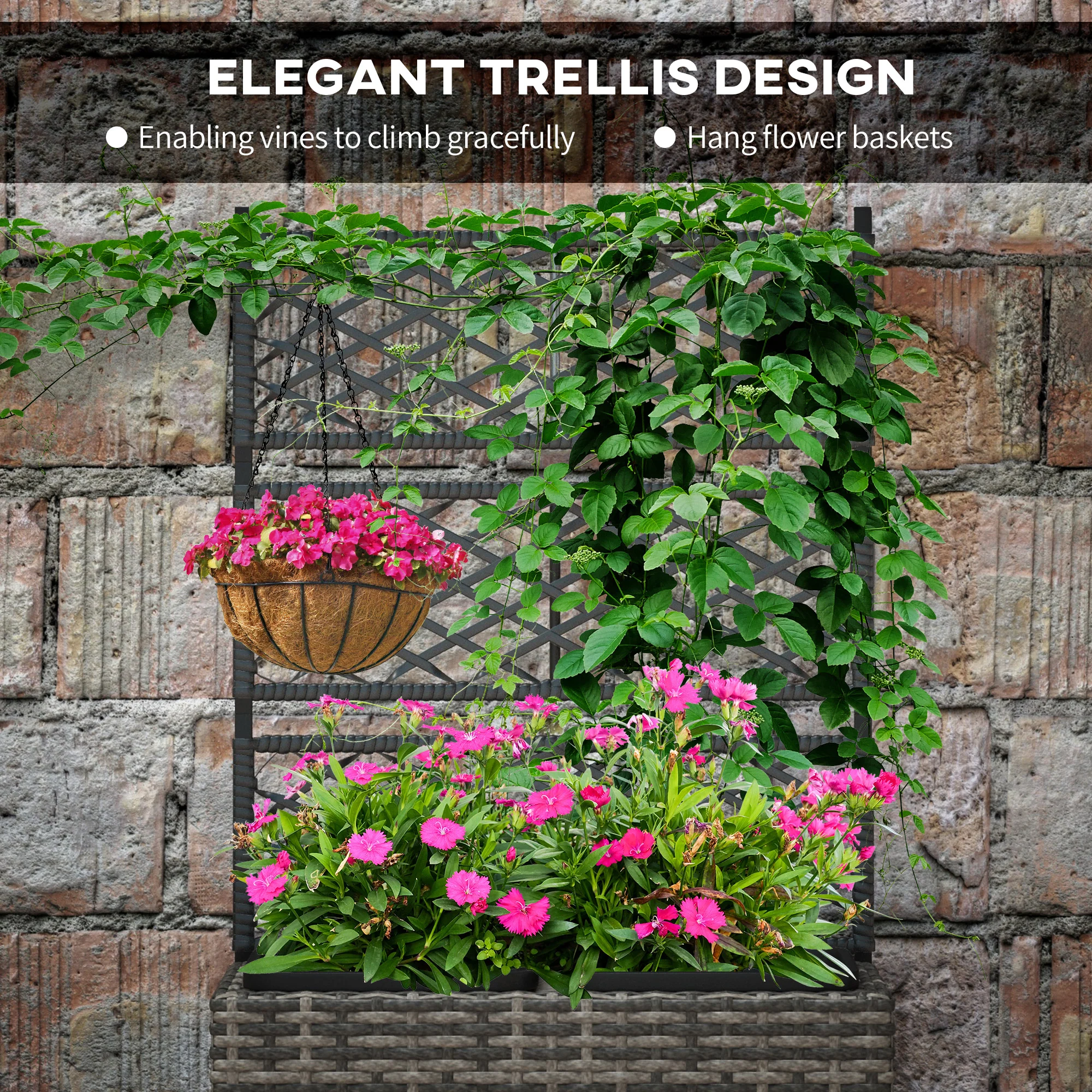 22L PE Rattan Raised Garden Box with Trellis & Two Plant Boxes,Mixed Grey - Image 8