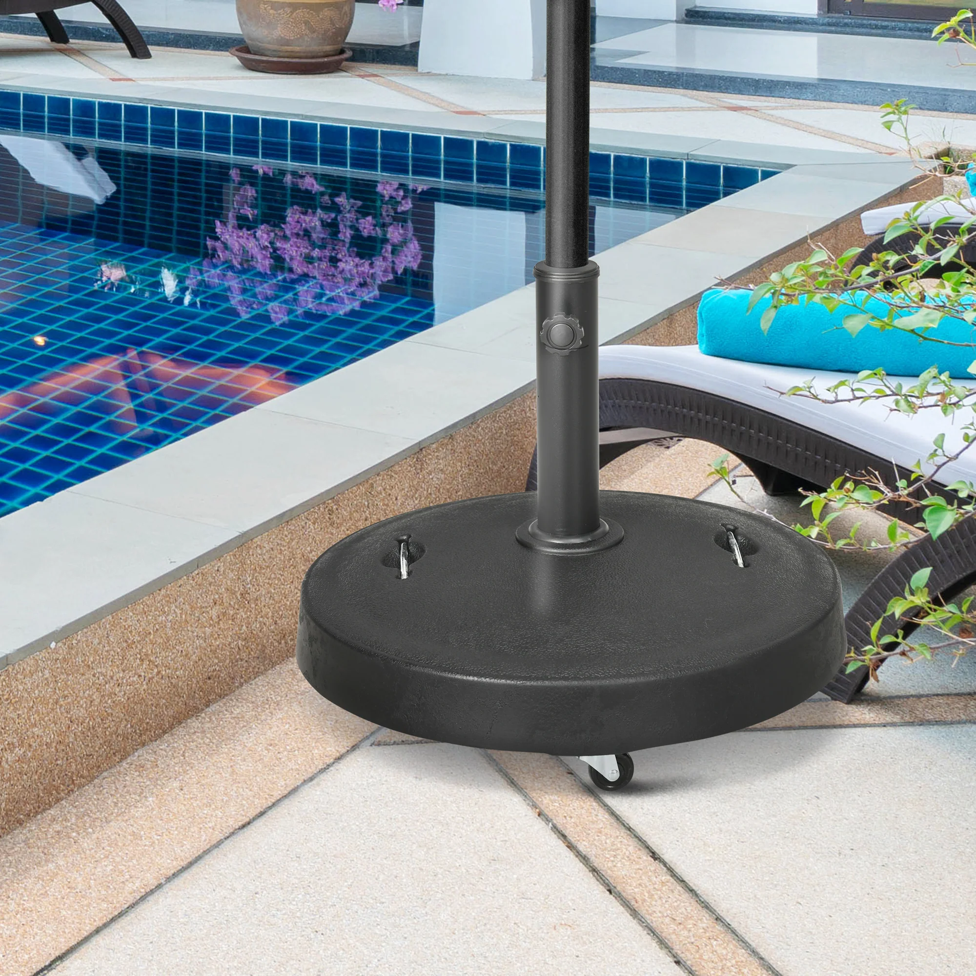 23.5kg Garden Parasol Base with Wheels & Retractable Handles, for 38 to 48mm Poles, Black - Image 4