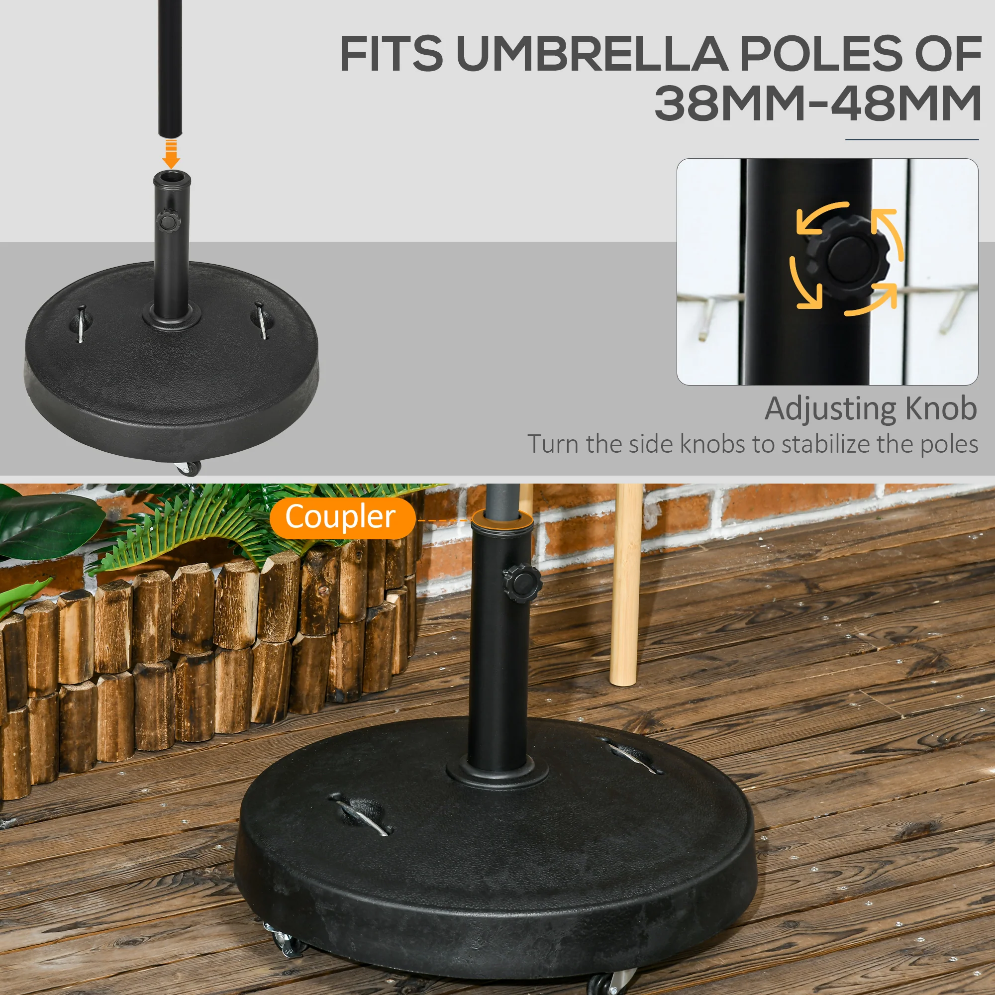 23.5kg Garden Parasol Base with Wheels & Retractable Handles, for 38 to 48mm Poles, Black - Image 6