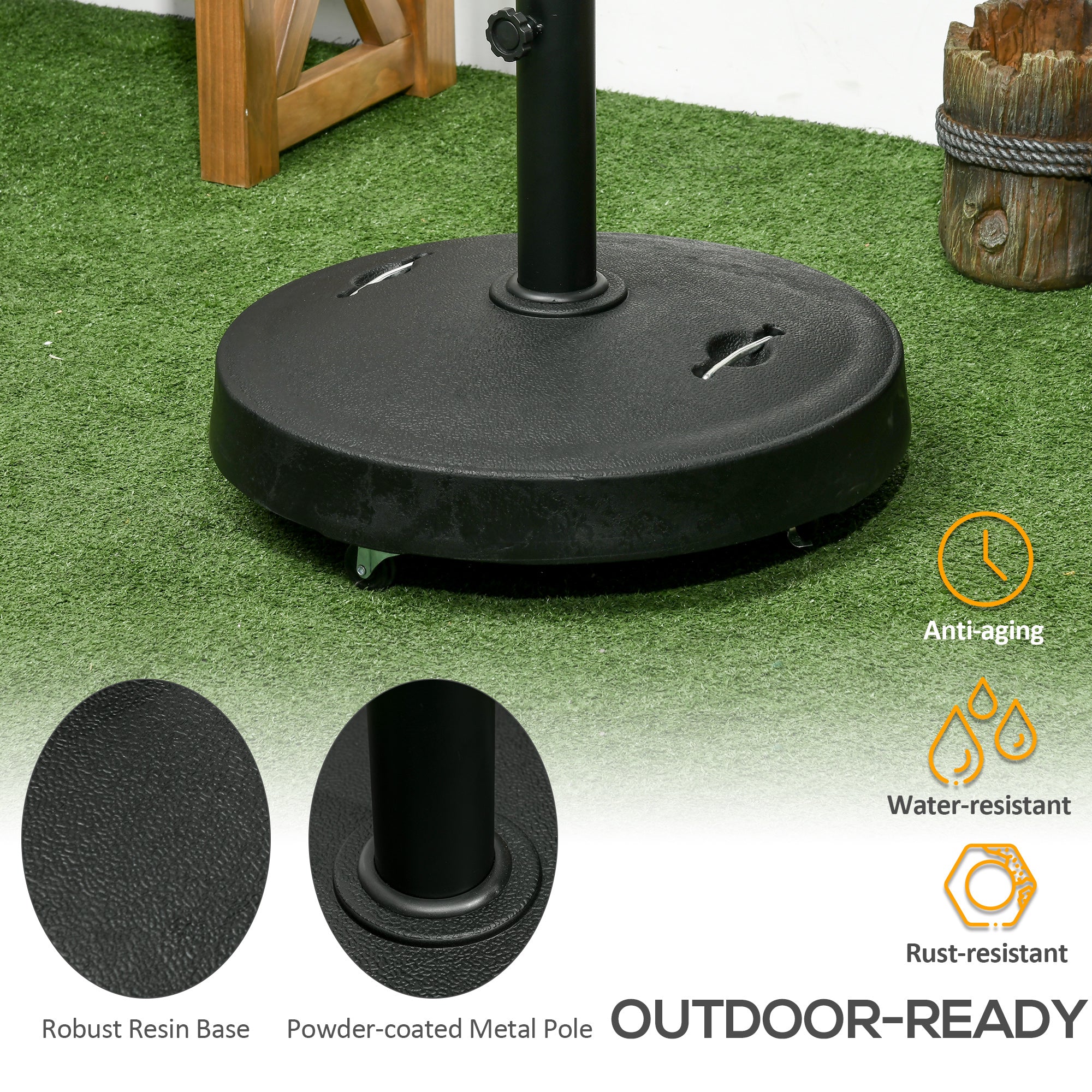 23.5kg Garden Parasol Base with Wheels & Retractable Handles, for 38 to 48mm Poles, Black - Image 8