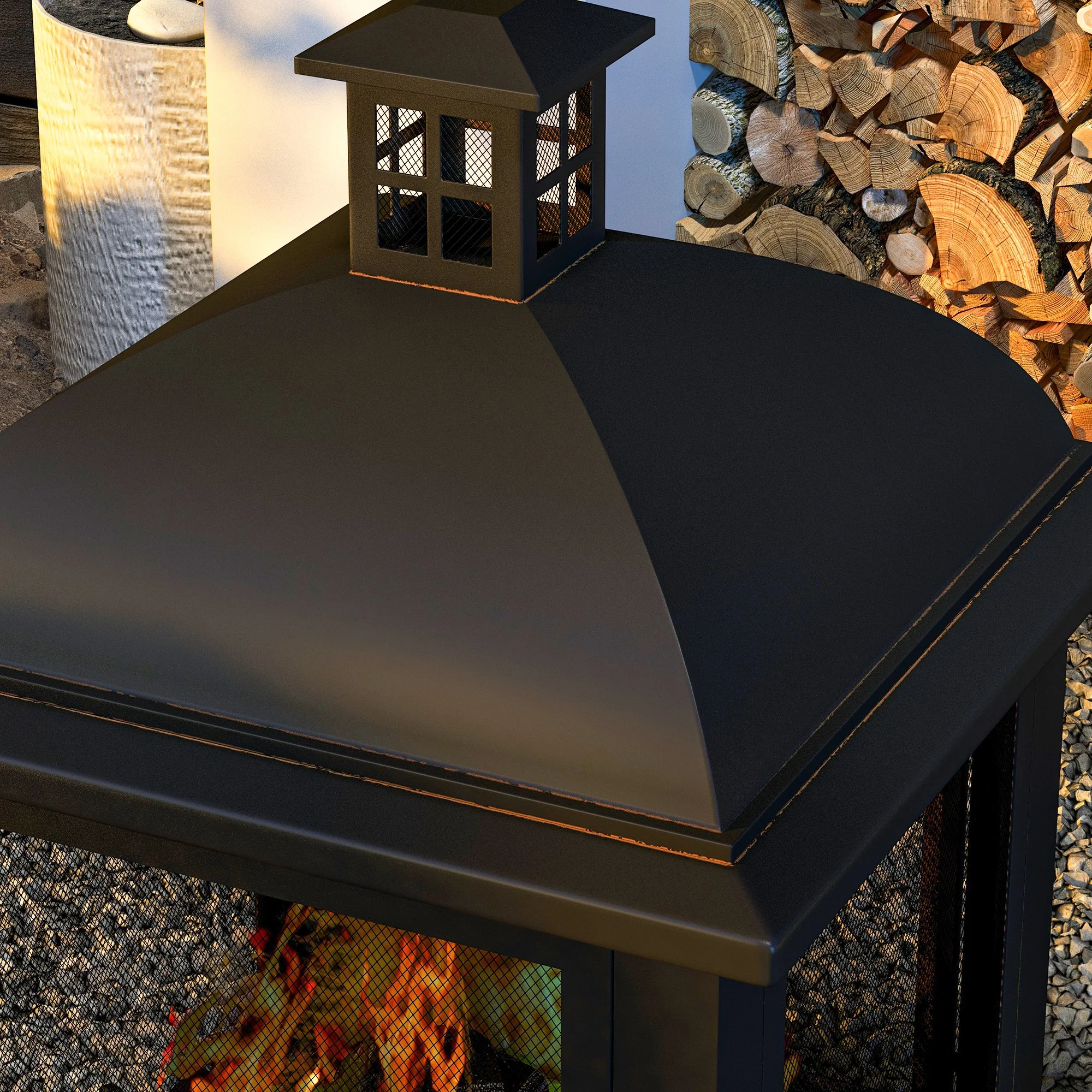 26" Fire Pit with Chimney Style, Outdoor Wood Burning Firepit with Spark Guard and Poker, Steel, Black - Image 10