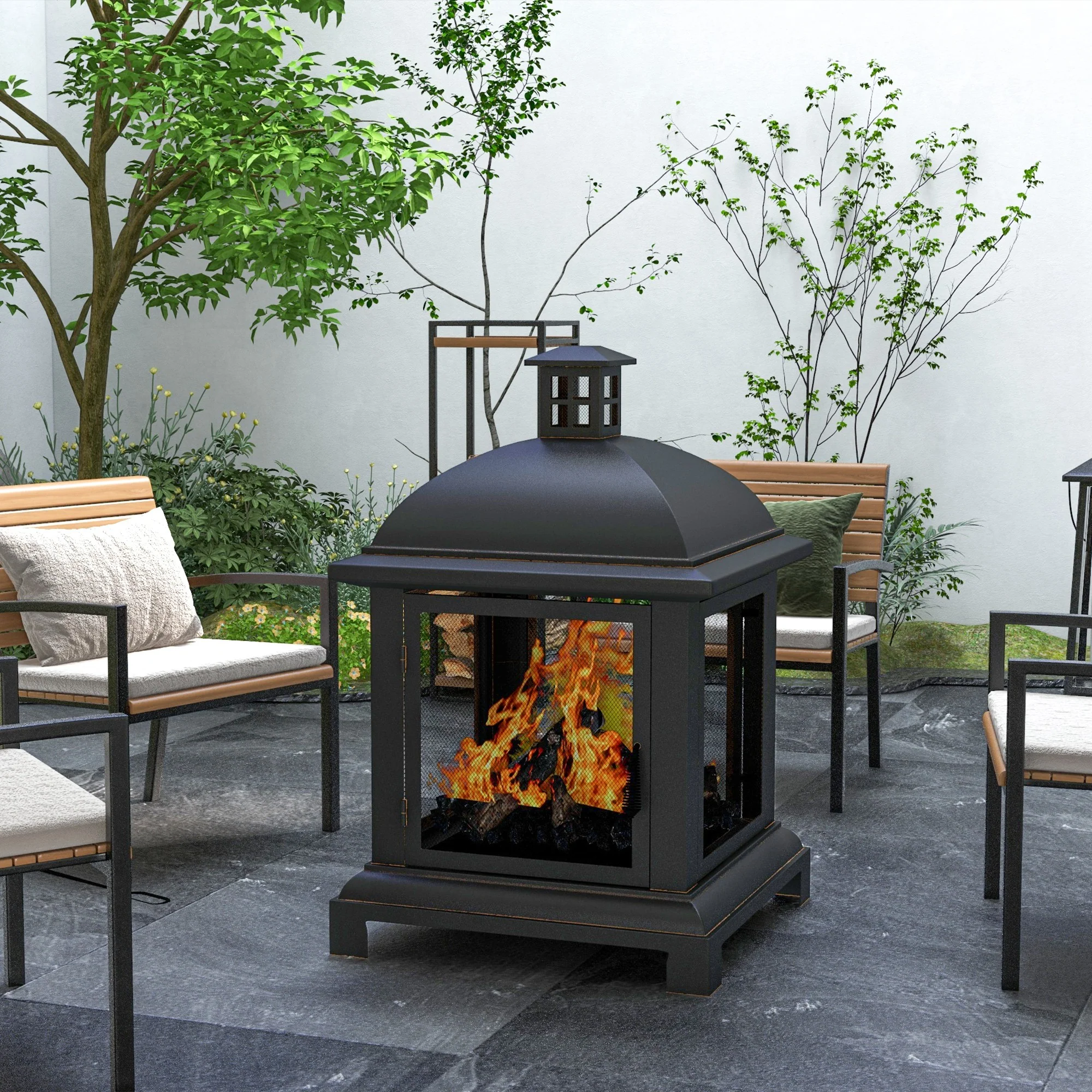 26" Fire Pit with Chimney Style, Outdoor Wood Burning Firepit with Spark Guard and Poker, Steel, Black - Image 3