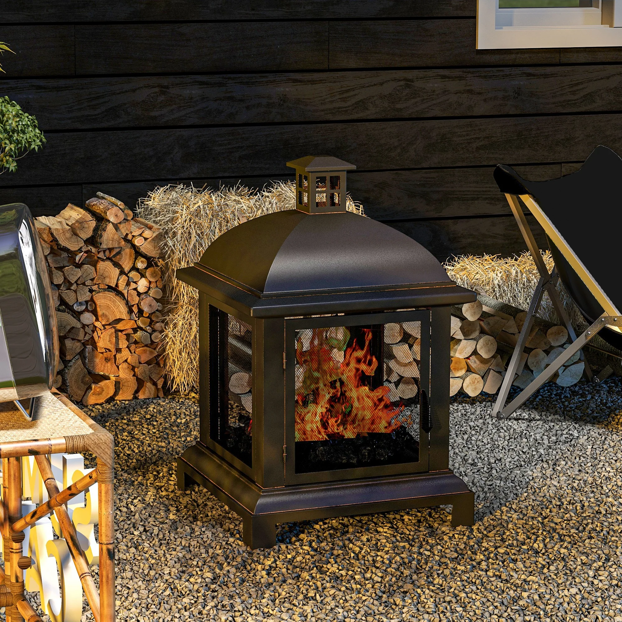 26" Fire Pit with Chimney Style, Outdoor Wood Burning Firepit with Spark Guard and Poker, Steel, Black - Image 4