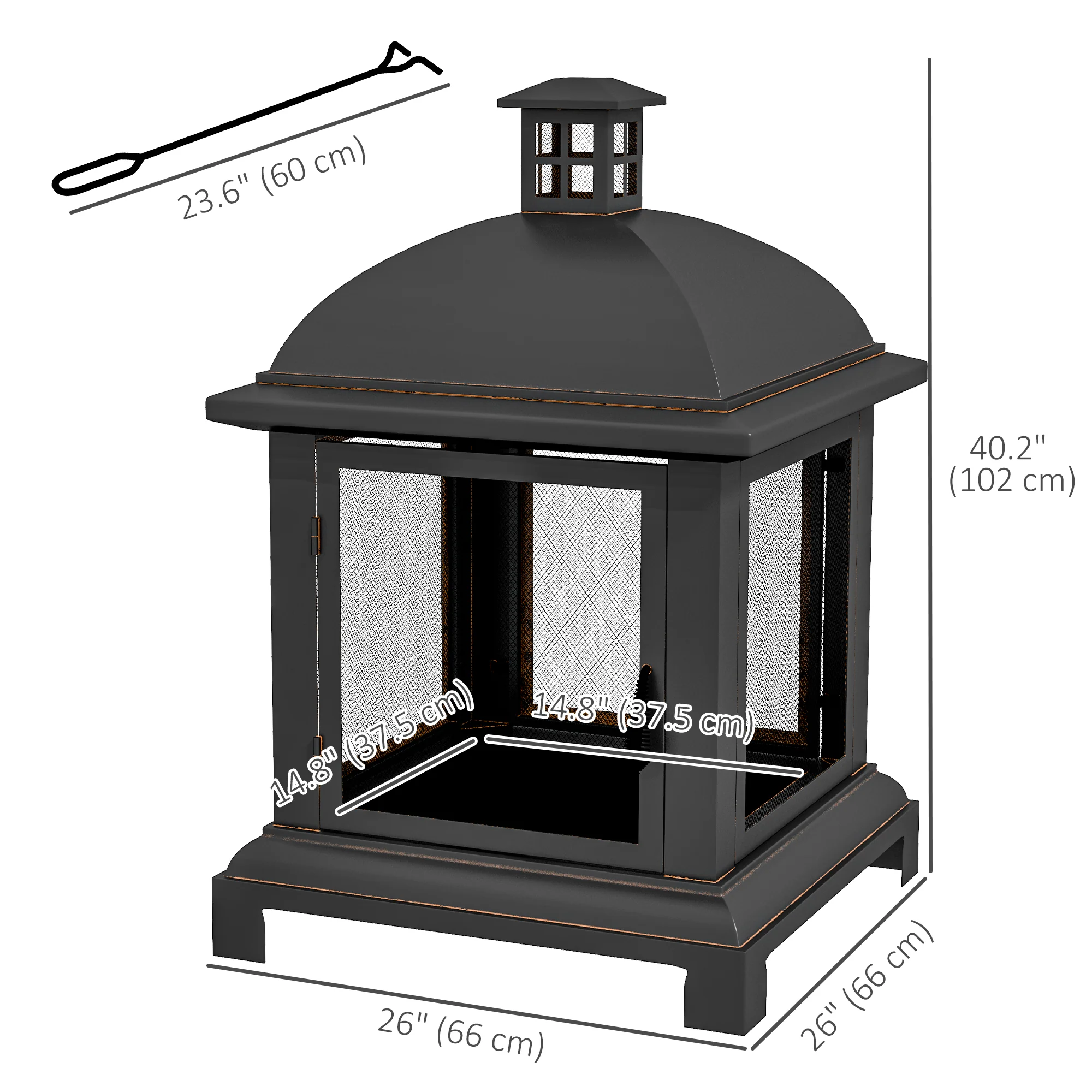 26" Fire Pit with Chimney Style, Outdoor Wood Burning Firepit with Spark Guard and Poker, Steel, Black - Image 5