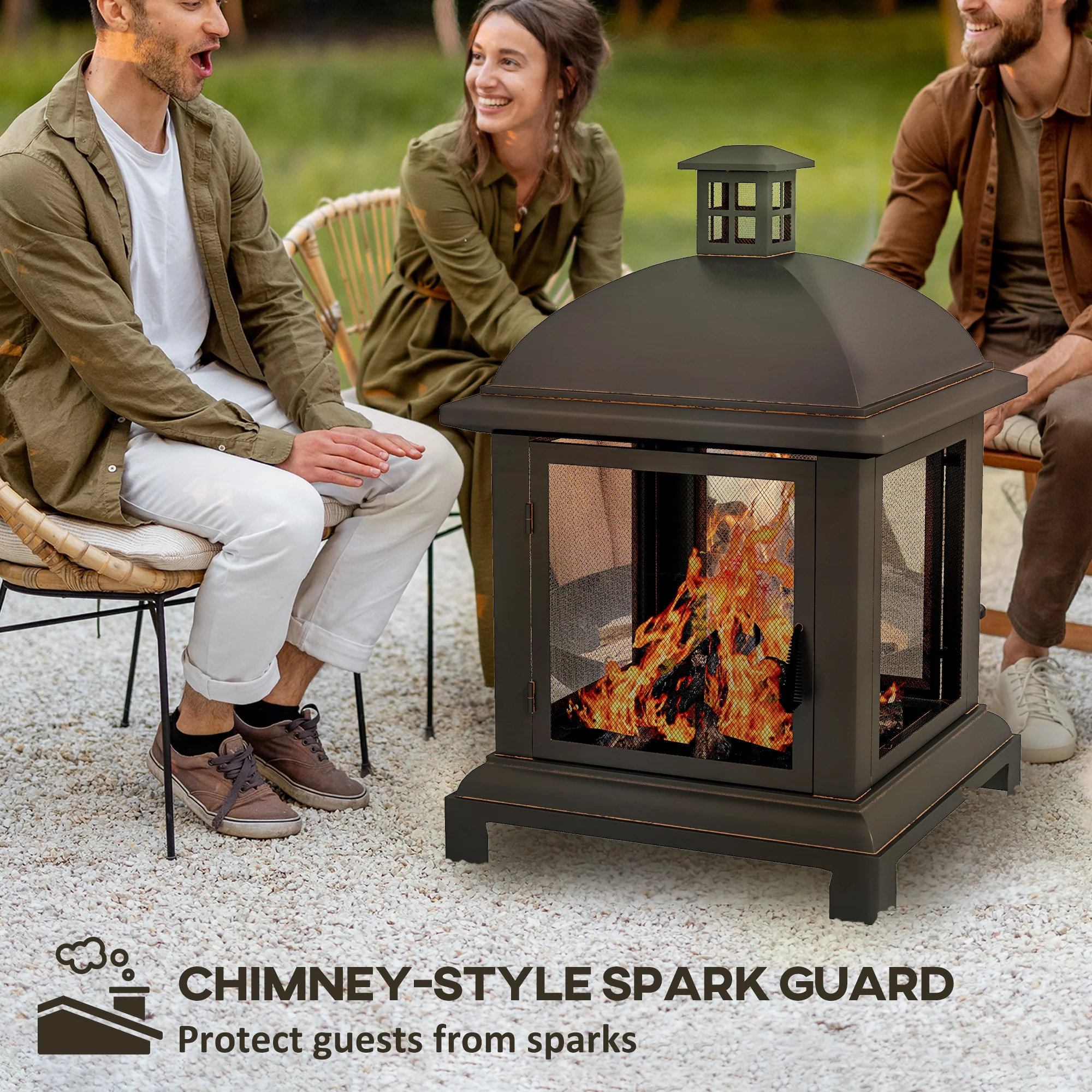 26" Fire Pit with Chimney Style, Outdoor Wood Burning Firepit with Spark Guard and Poker, Steel, Black - Image 6