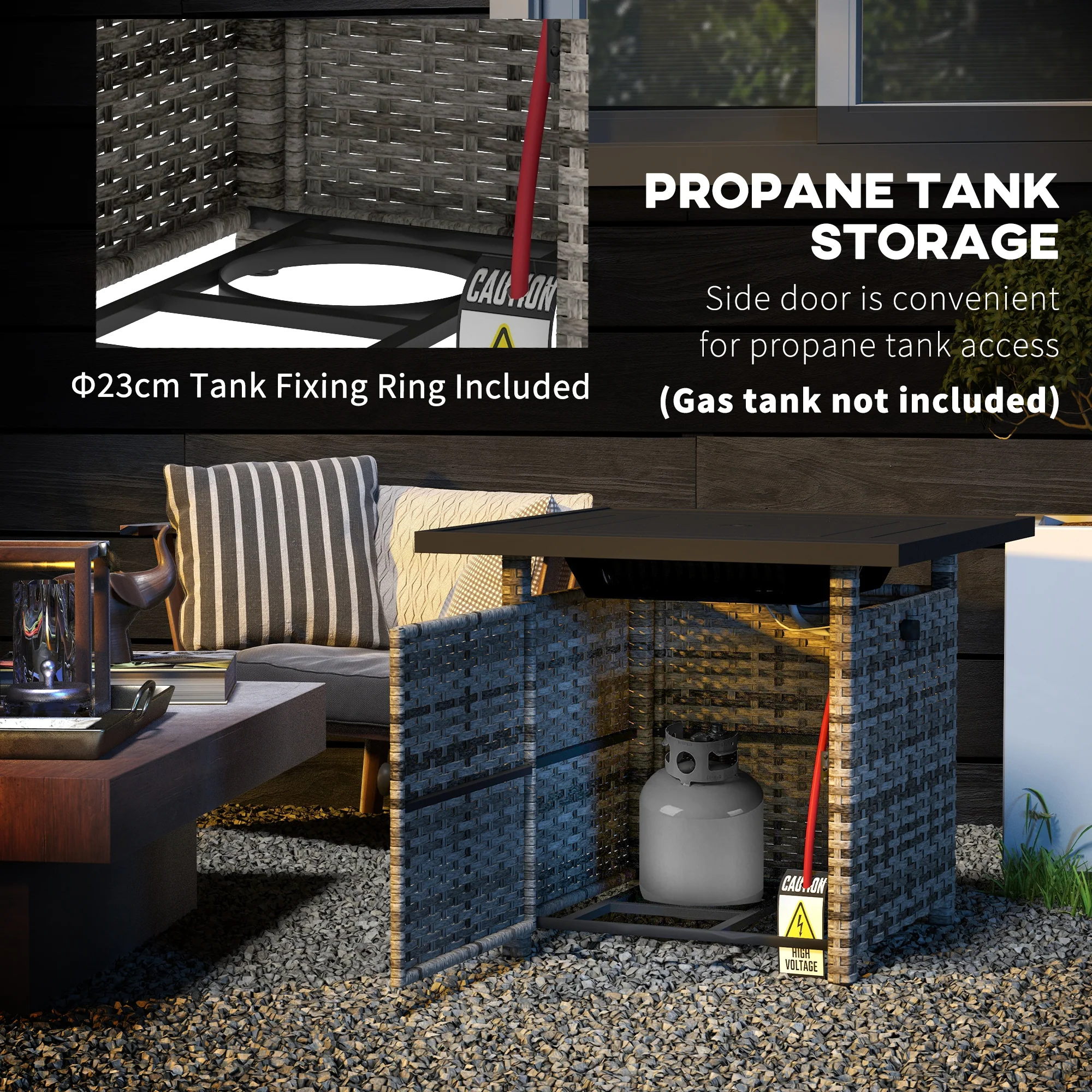 28.5" Outdoor 50,000 BTU Wicker Fire Table w/ Glass Wind Guard, Volcanic Rock, Grey - Image 7