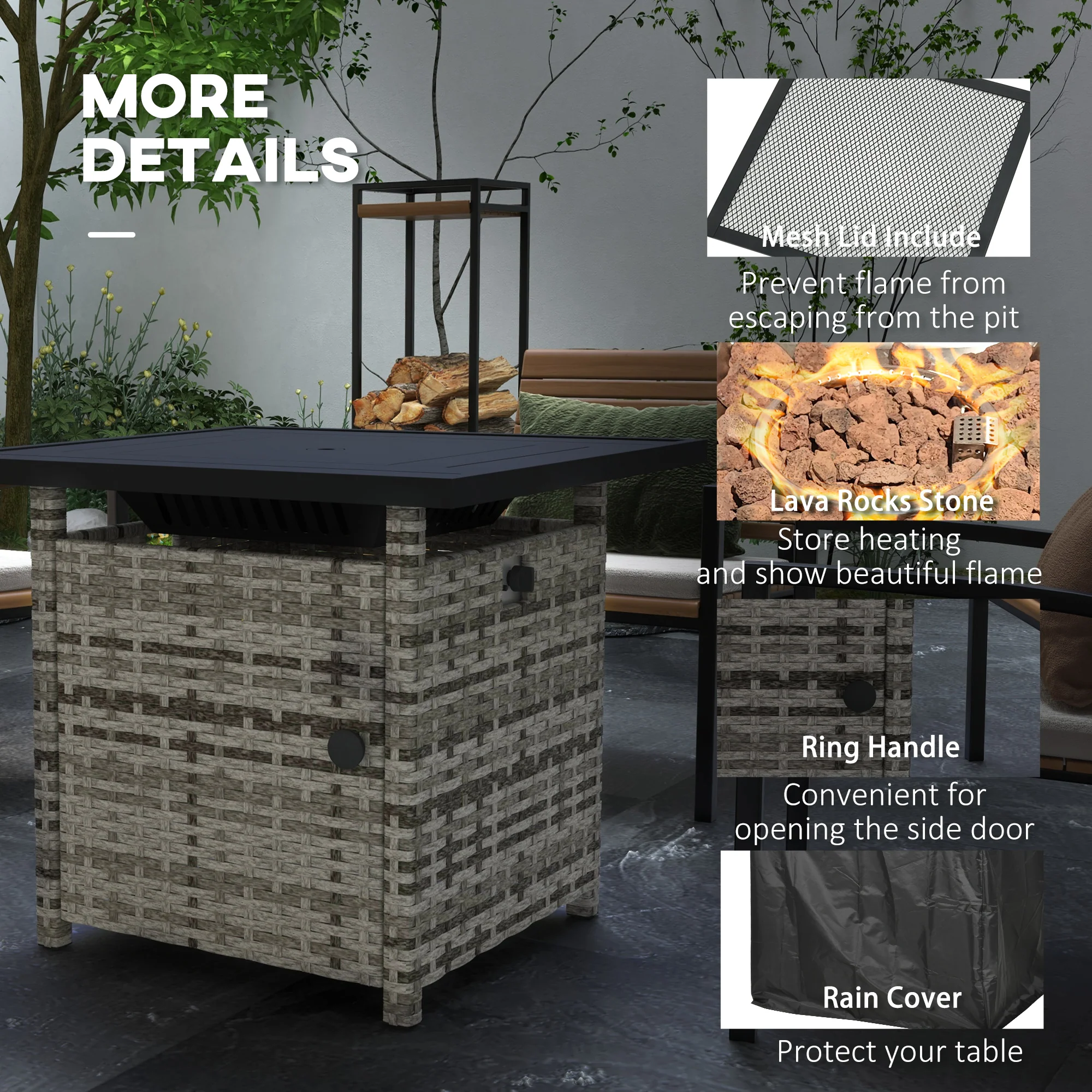 28.5" Outdoor 50,000 BTU Wicker Fire Table w/ Glass Wind Guard, Volcanic Rock, Grey - Image 8
