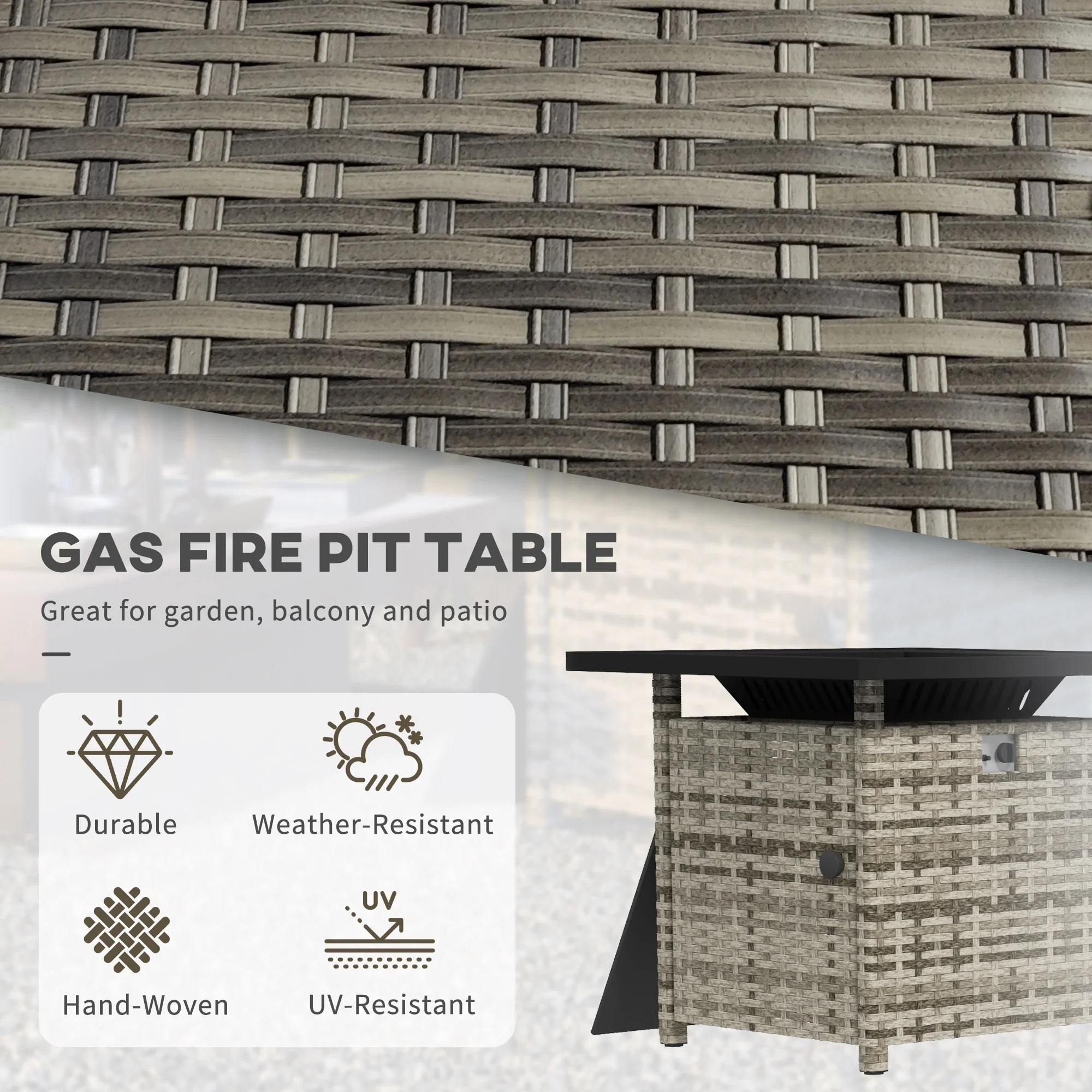 28.5" Outdoor 50,000 BTU Wicker Fire Table w/ Glass Wind Guard, Volcanic Rock, Grey - Image 9