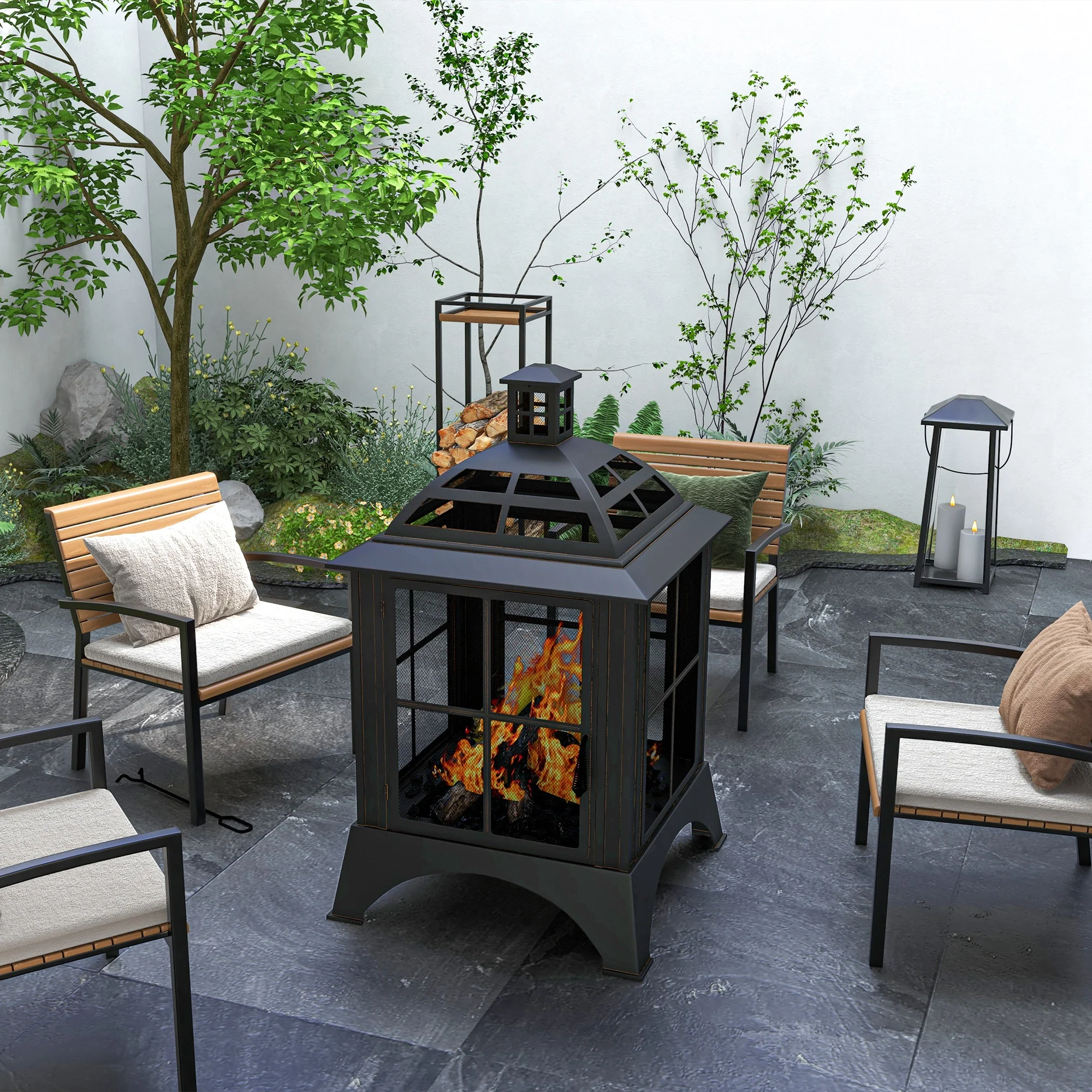 28" Fire Pit with Chimney Style, Outdoor Wood Burning Firepit w/ Spark Guard & Poker, Black - Image 3
