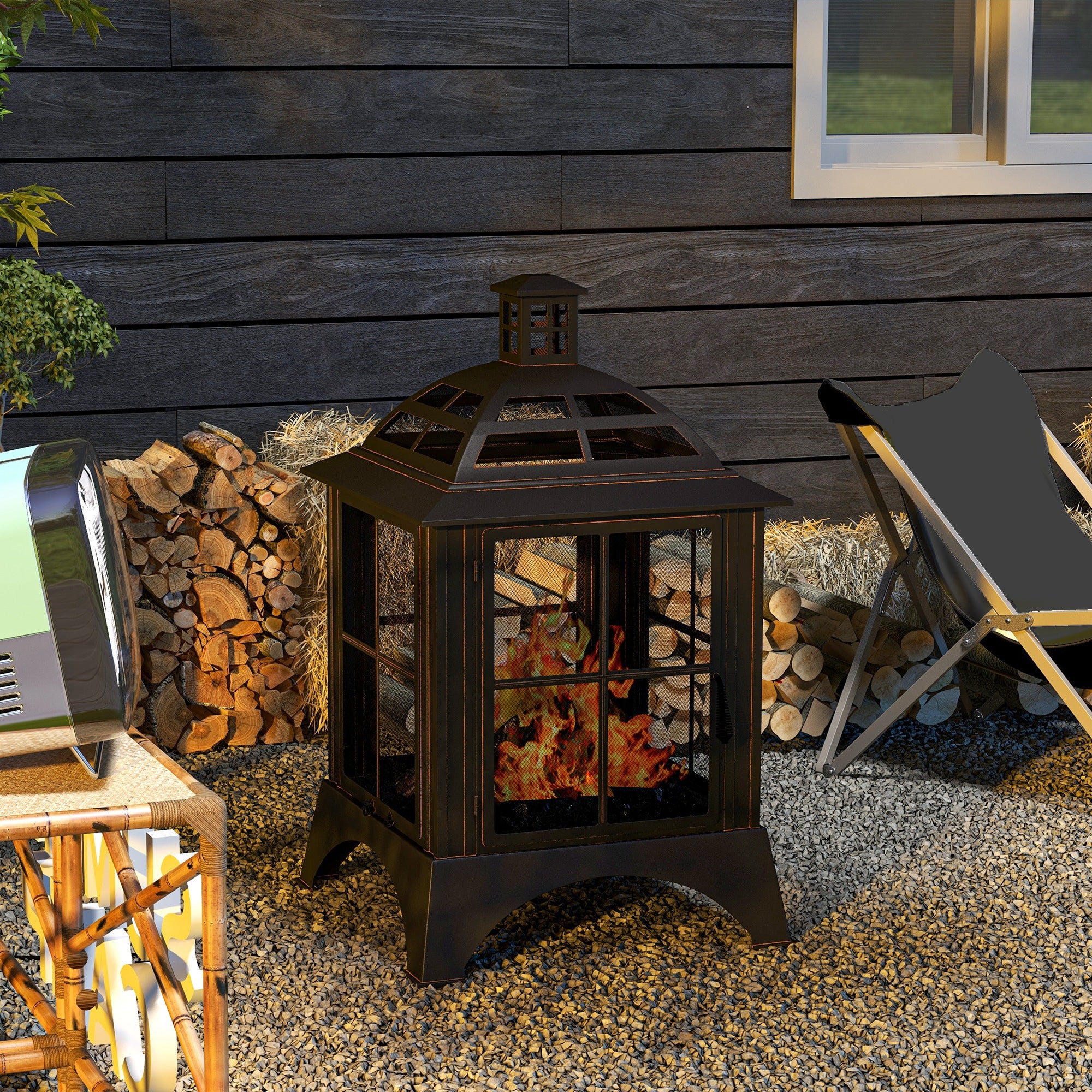 28" Fire Pit with Chimney Style, Outdoor Wood Burning Firepit w/ Spark Guard & Poker, Black - Image 4