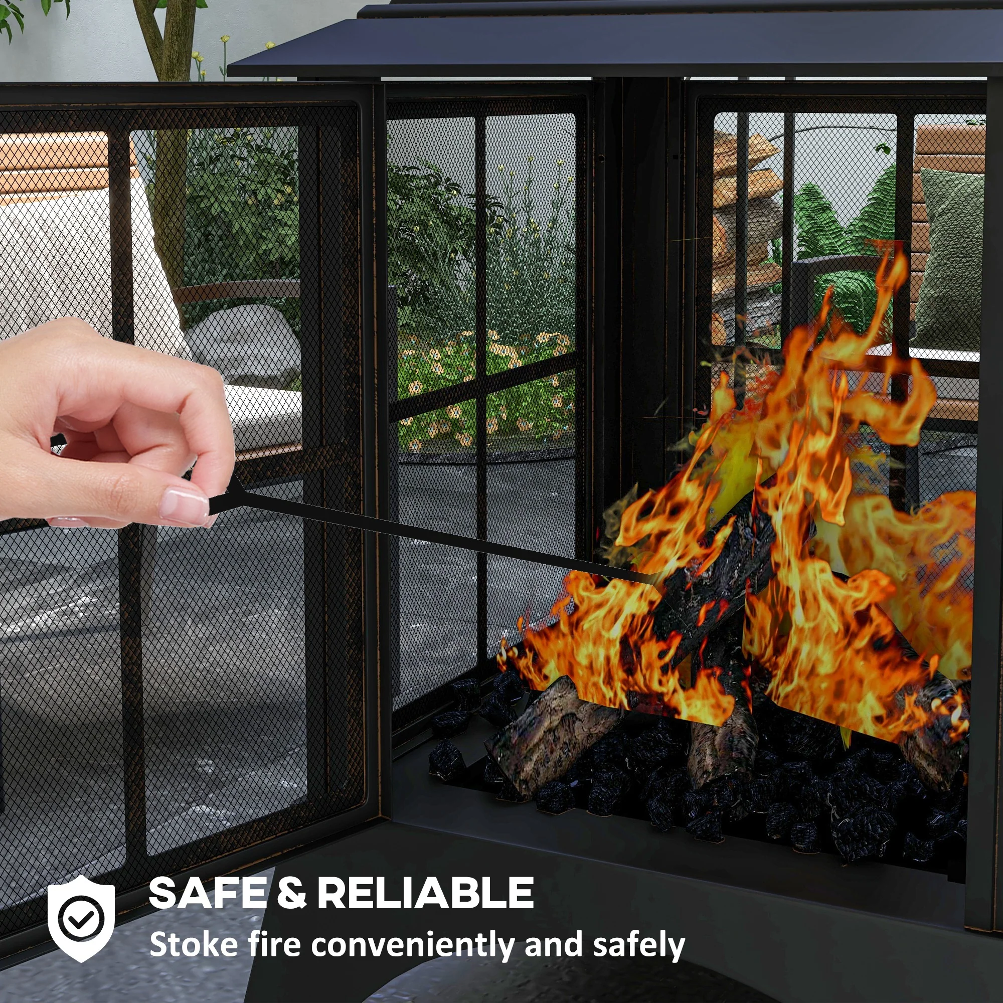28" Fire Pit with Chimney Style, Outdoor Wood Burning Firepit w/ Spark Guard & Poker, Black - Image 7