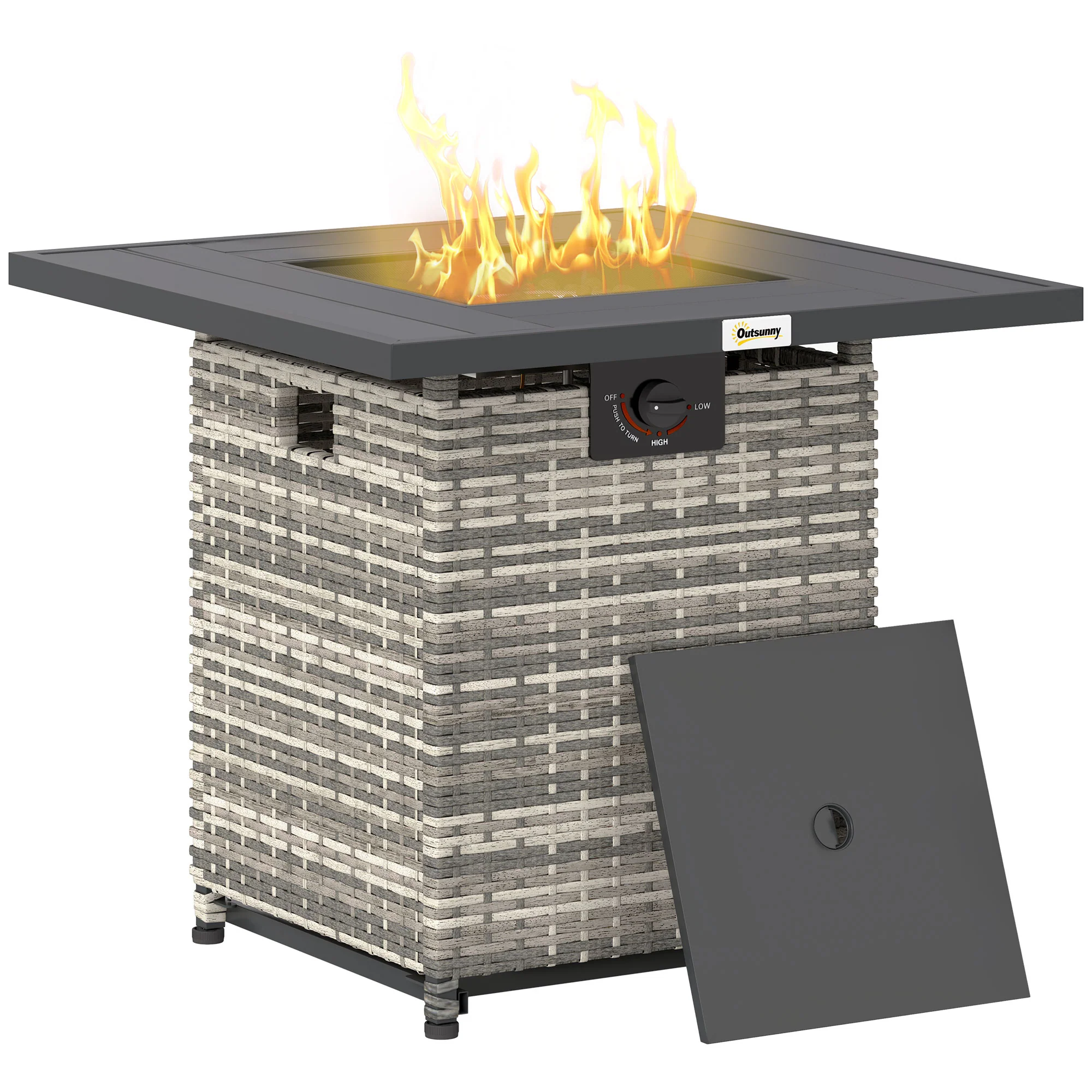 28¡° Propane Fire Pit Table, 40,000 BTU Rattan Gas Fire Pit w/ Rain Cover, Mixed Grey
