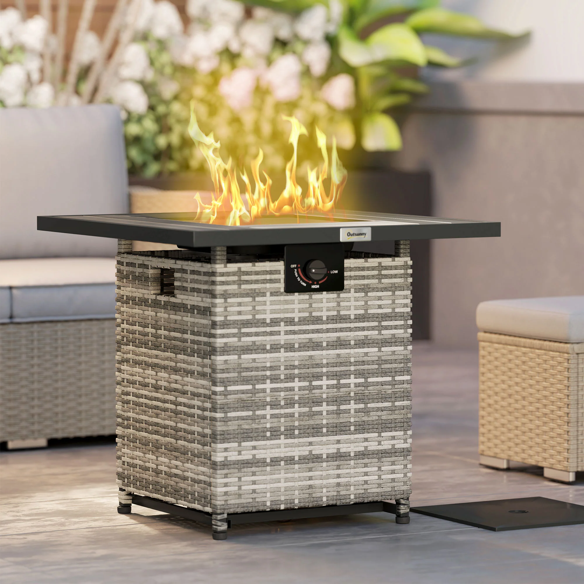 28¡° Propane Fire Pit Table, 40,000 BTU Rattan Gas Fire Pit w/ Rain Cover, Mixed Grey - Image 3