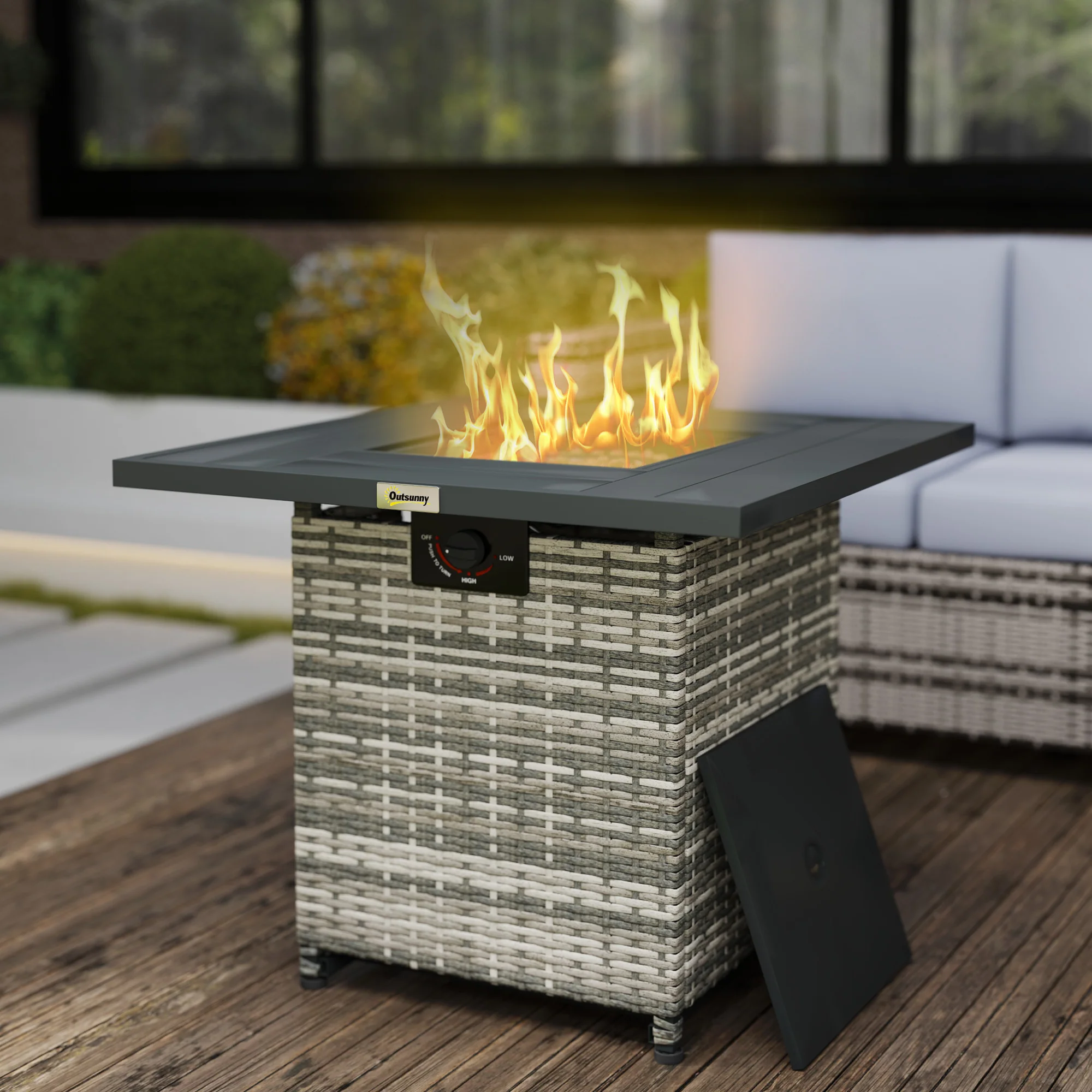 28¡° Propane Fire Pit Table, 40,000 BTU Rattan Gas Fire Pit w/ Rain Cover, Mixed Grey - Image 4