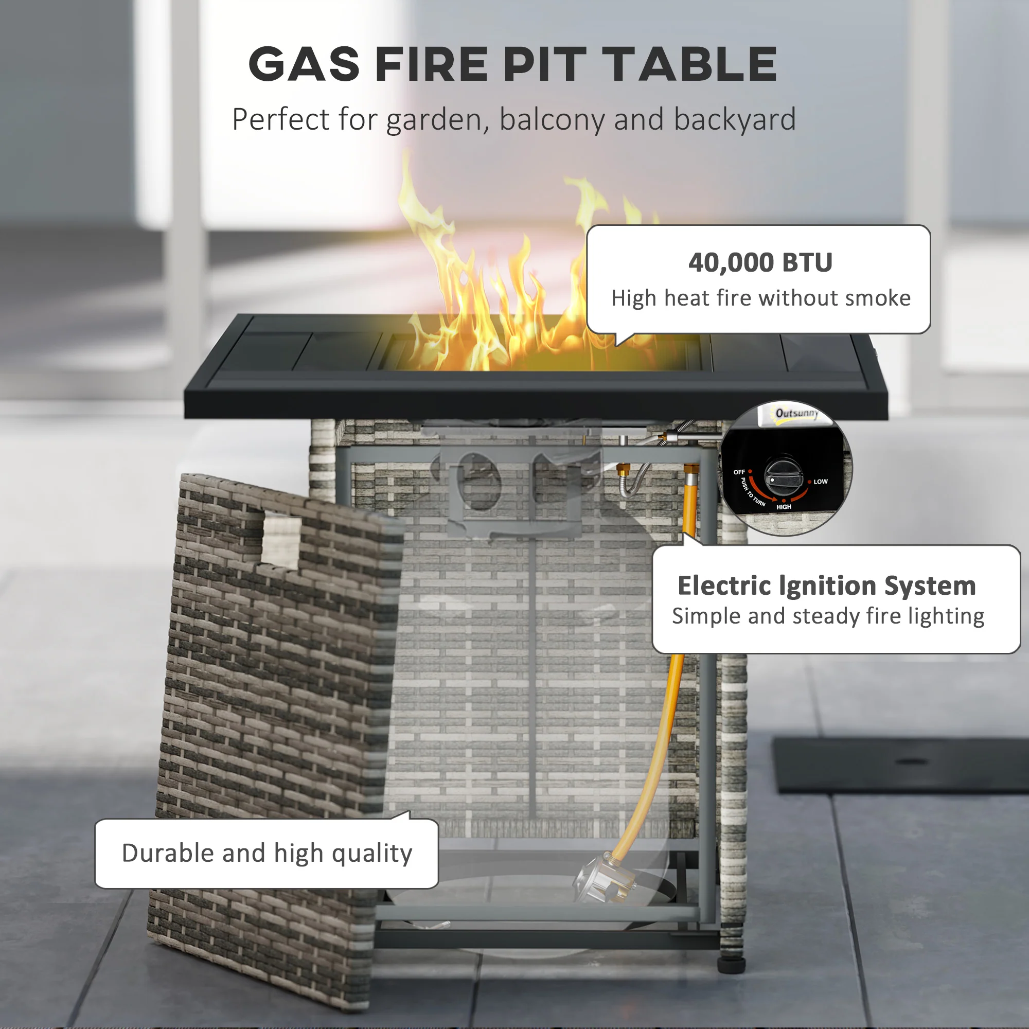 28¡° Propane Fire Pit Table, 40,000 BTU Rattan Gas Fire Pit w/ Rain Cover, Mixed Grey - Image 6