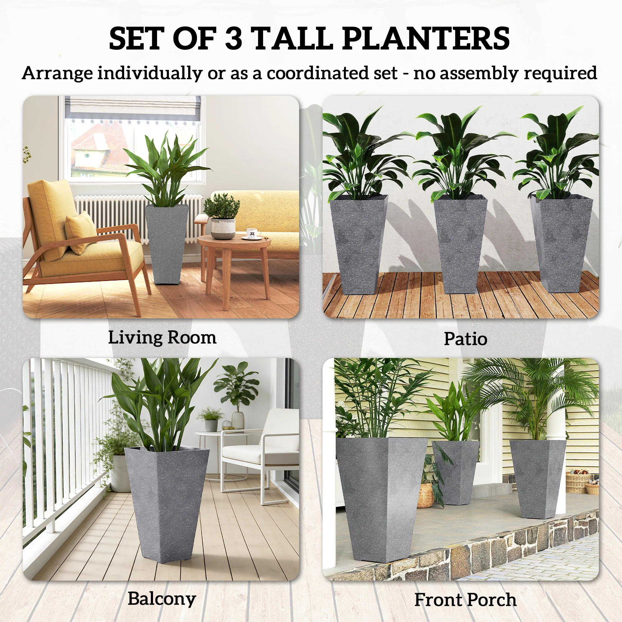 3-Piece 28" Tall Planters with Drainage Holes, Gray - Image 6