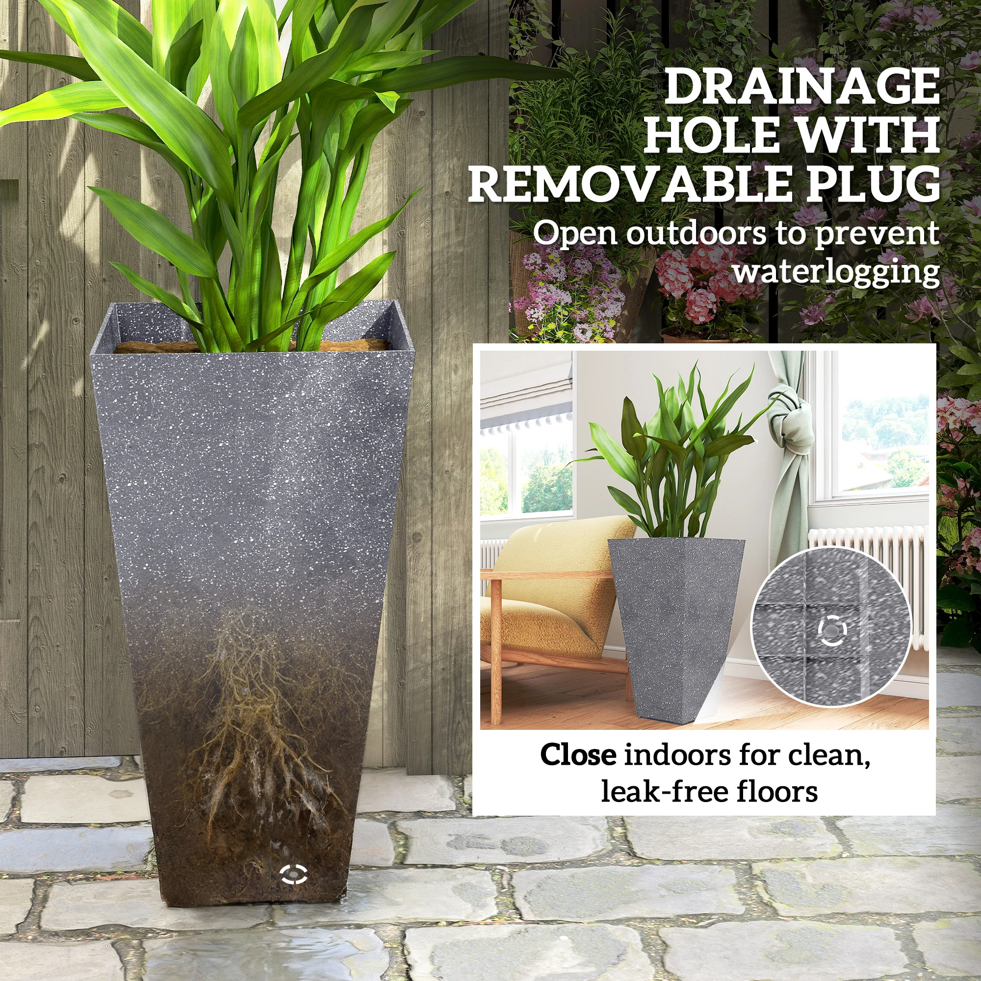 3-Piece 28" Tall Planters with Drainage Holes, Gray - Image 9