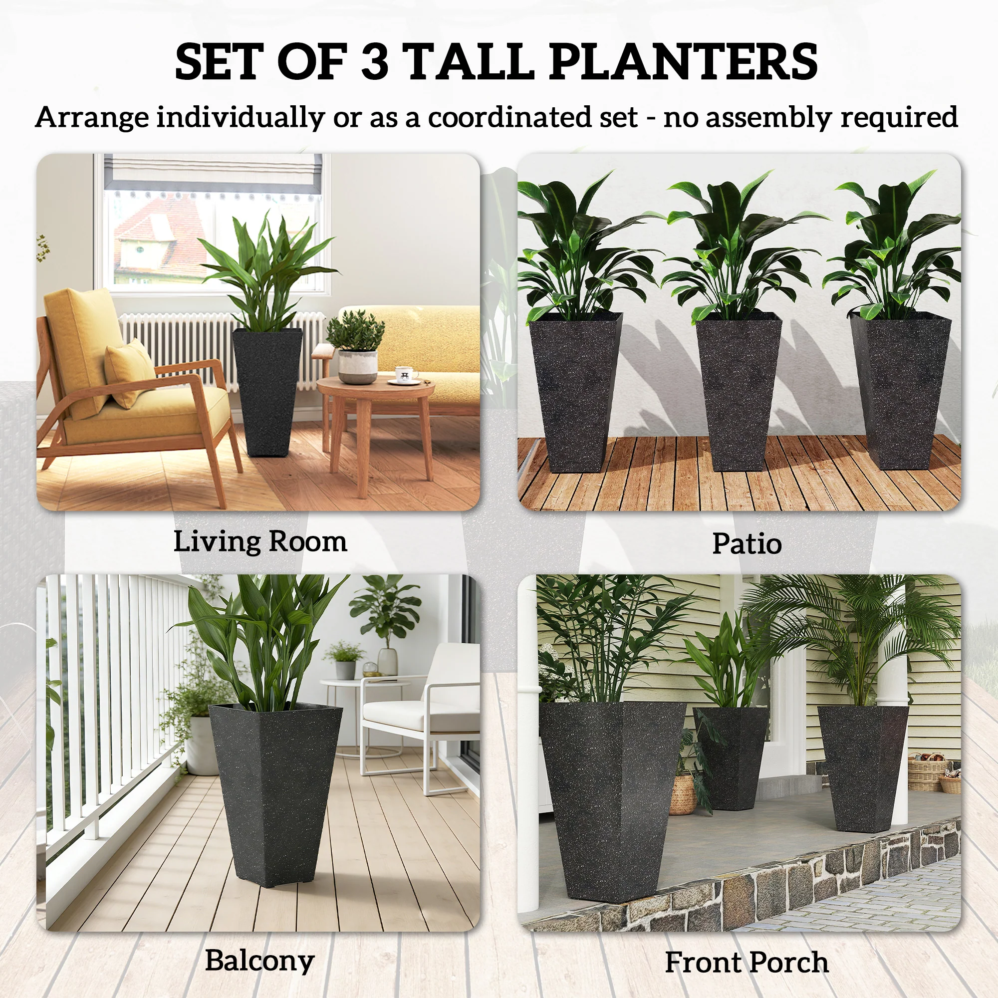 3-Piece 28" Tall Planters with Drainage Holes, Black - Image 6
