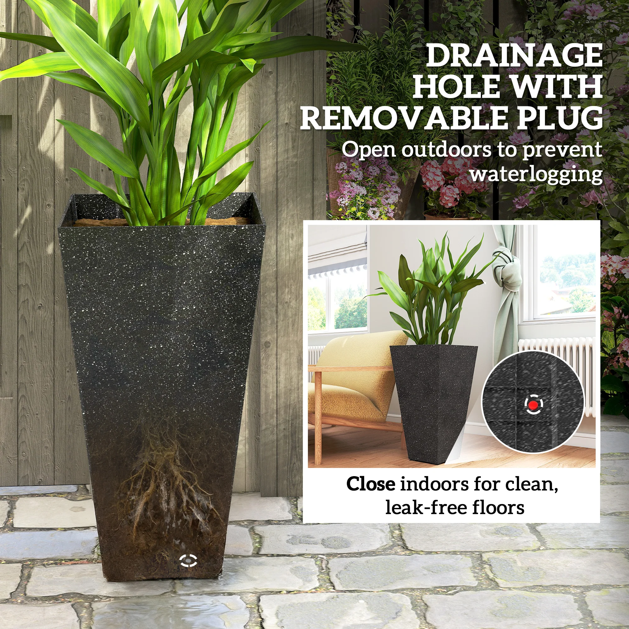 3-Piece 28" Tall Planters with Drainage Holes, Black - Image 9