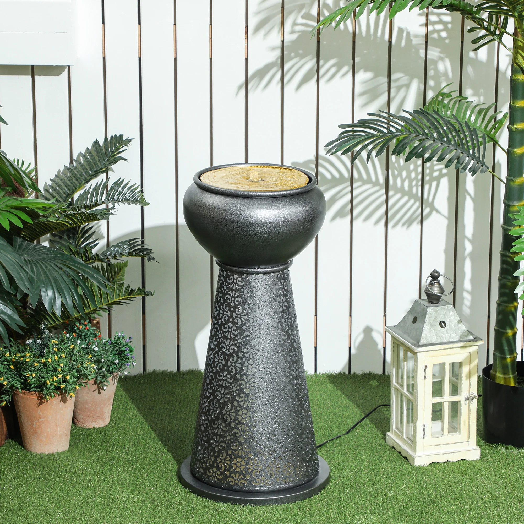 28" Tall Bowl Garden Water Fountain with LED Lights, Adjustable Flow, Dark Grey &Yellow - Image 4